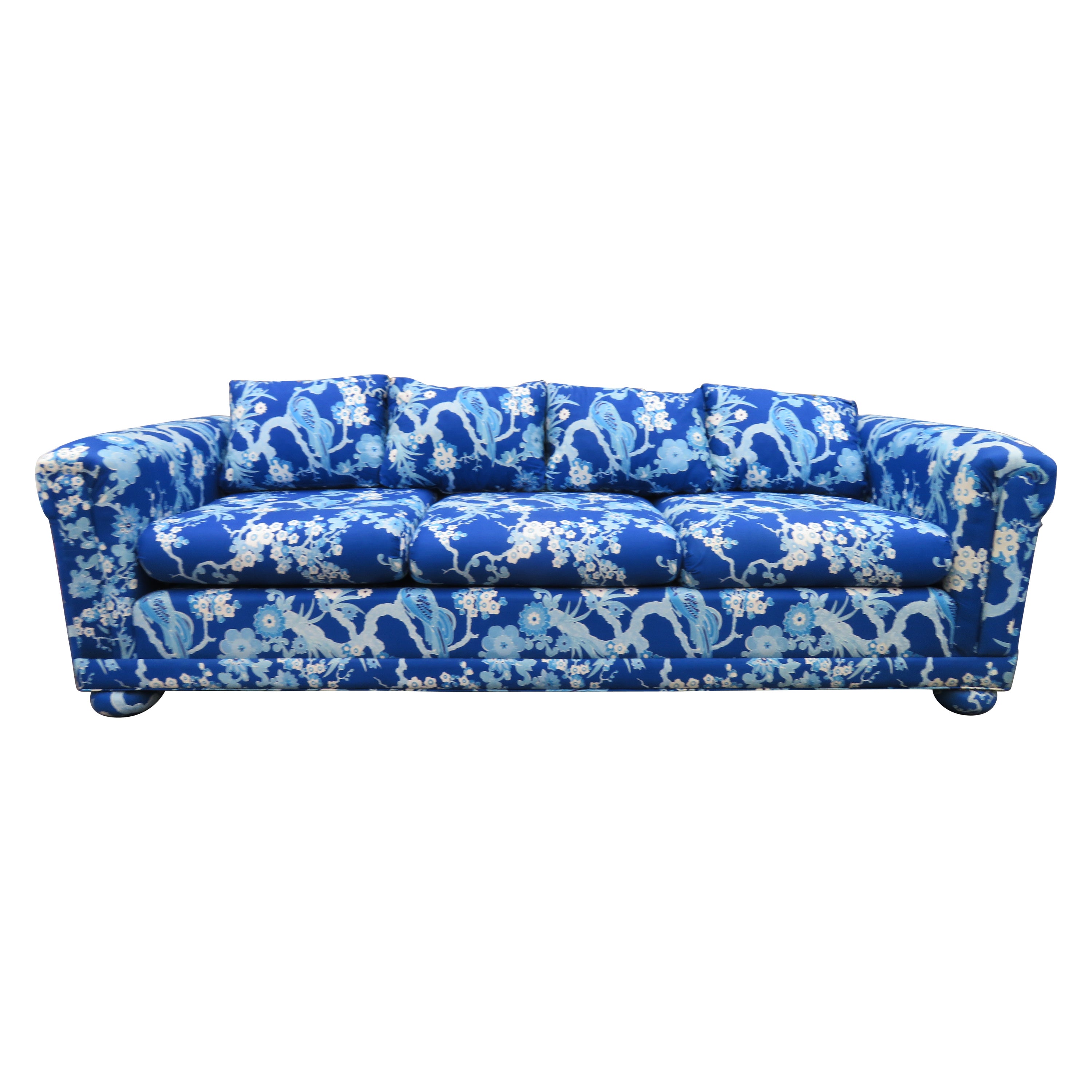 Stunning Asian Bird of Paradise Upholstered Sofa Chinoiserie Midcentury For Sale