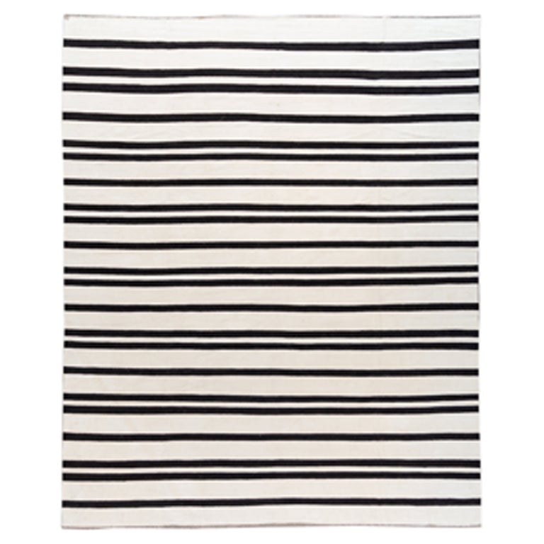 Modern Flatweave Black and White Striped Kilim Rug For Sale at 1stDibs