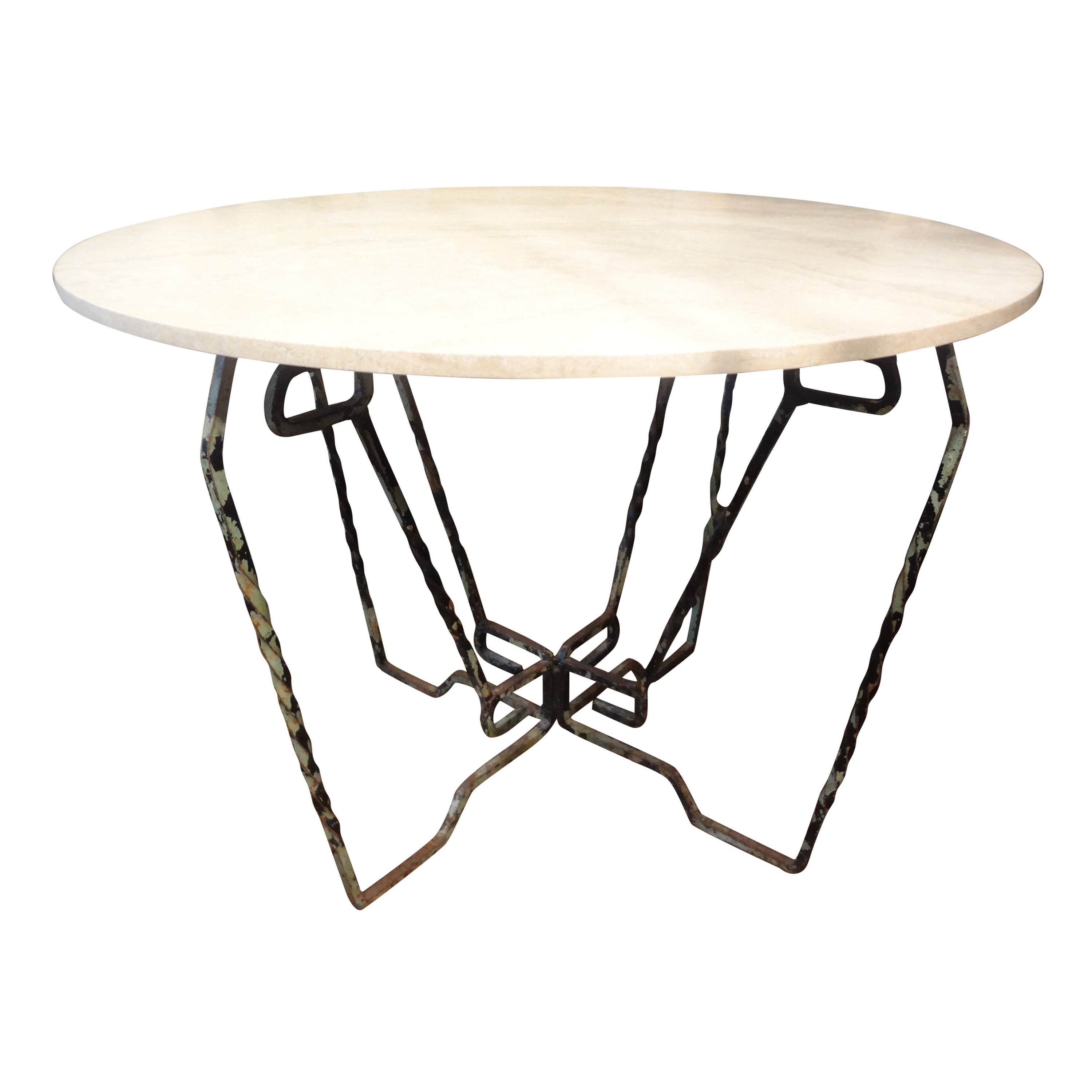 French Wrought Iron Table with Travertine Top For Sale
