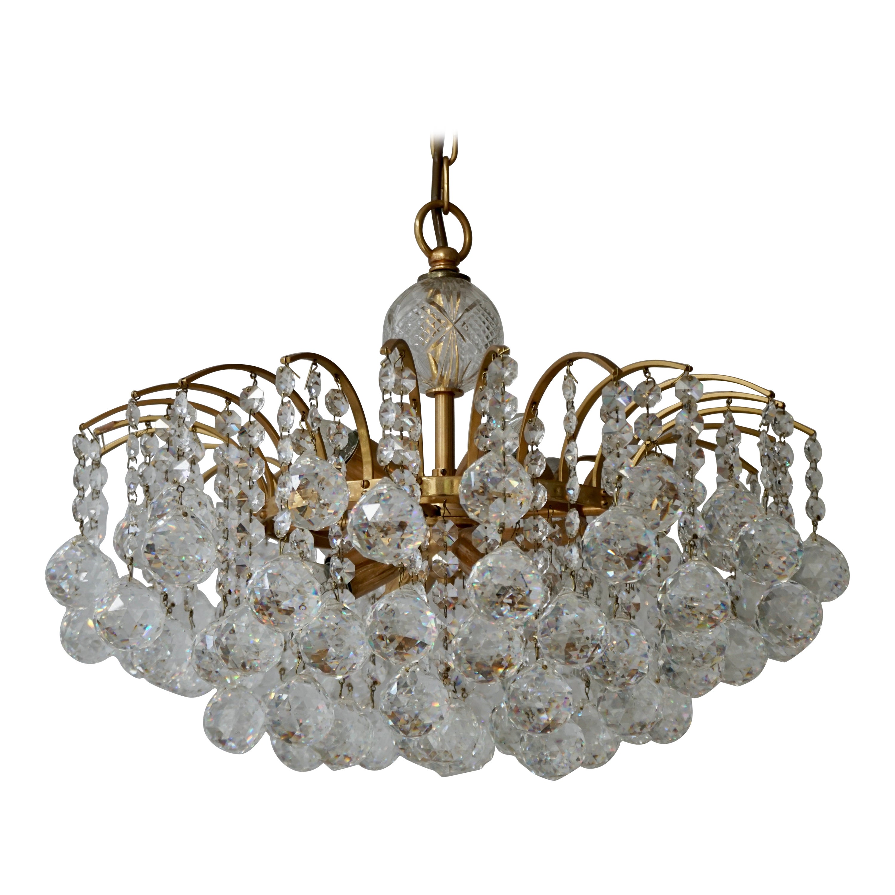 Palwa or Palme Gilt Brass Faceted Crystal Glass Chandelier, 1960-1970s For Sale