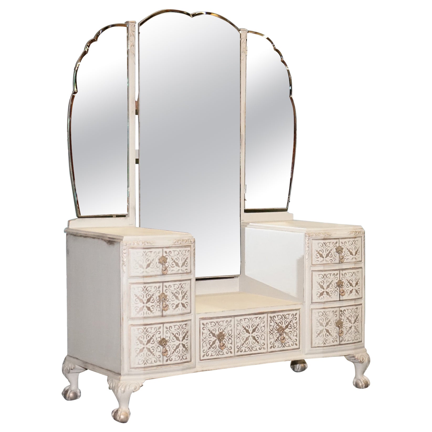 Waring & Gillow 1932 Antiqued Hand Painted Beige Bronze Patterns Dressing Table For Sale
