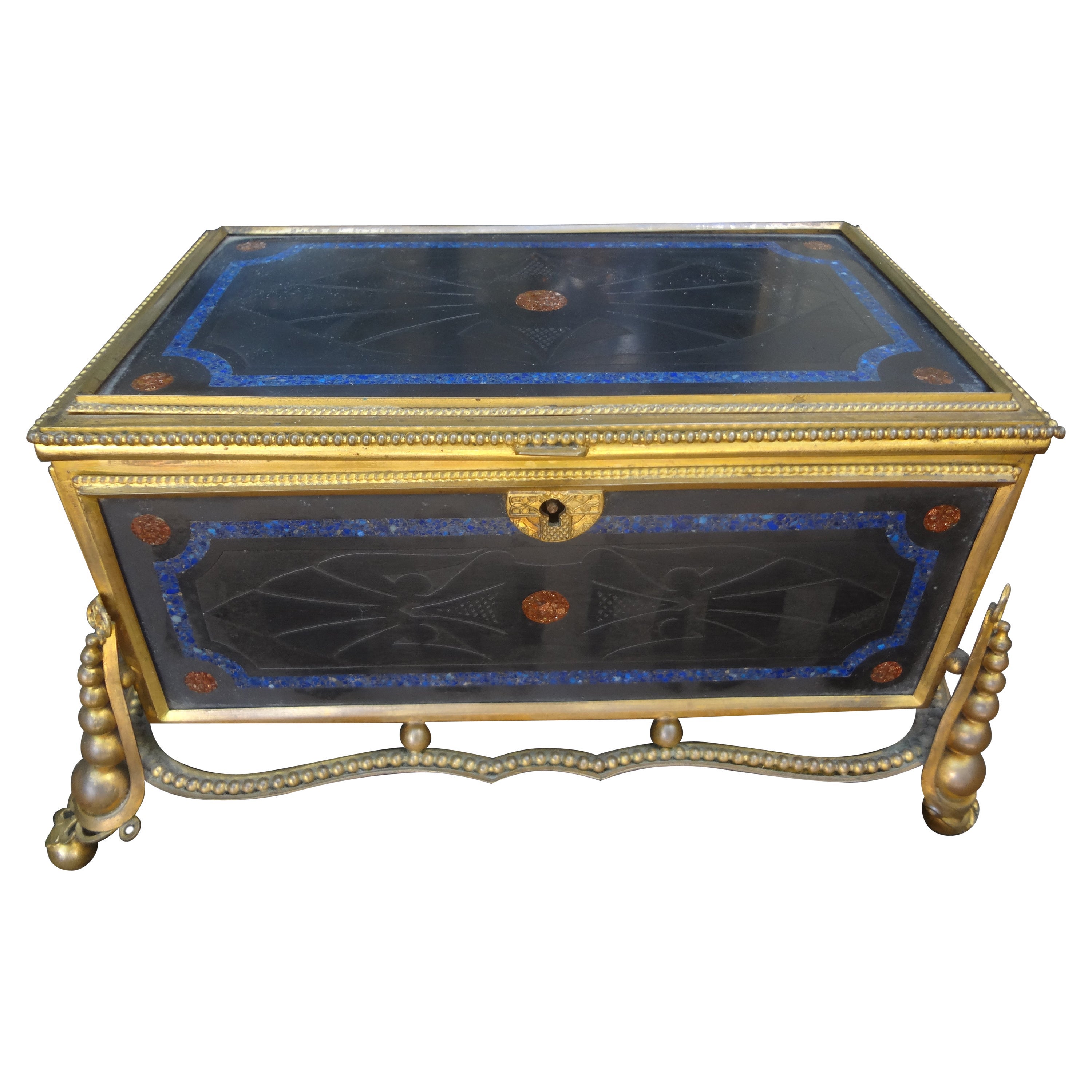 19th Century French Bronze Box with Semi Precious Stones For Sale