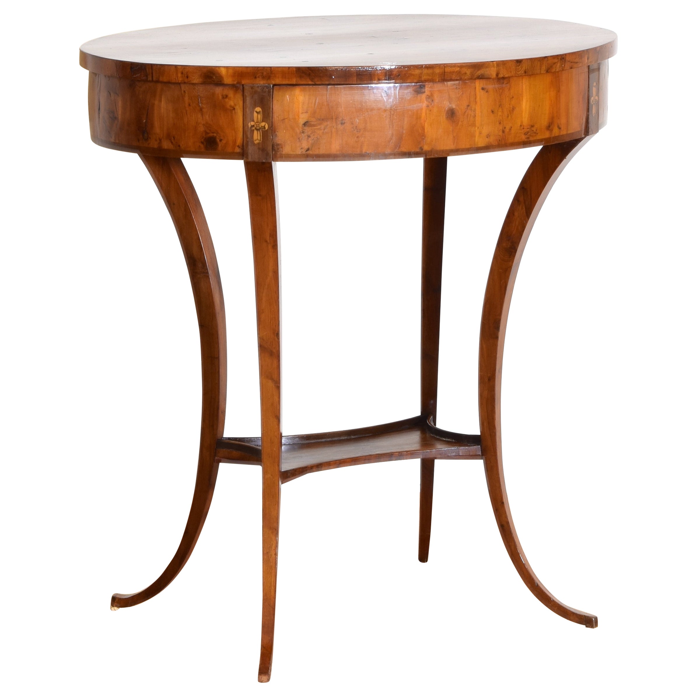 Austrian Late Neoclassic Shaped Burl Walnut Oval 1-Drawer Side Table, circa 1830