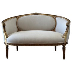 Vintage French Gilt Wood Canape Settee Upholstered in Natural Linen