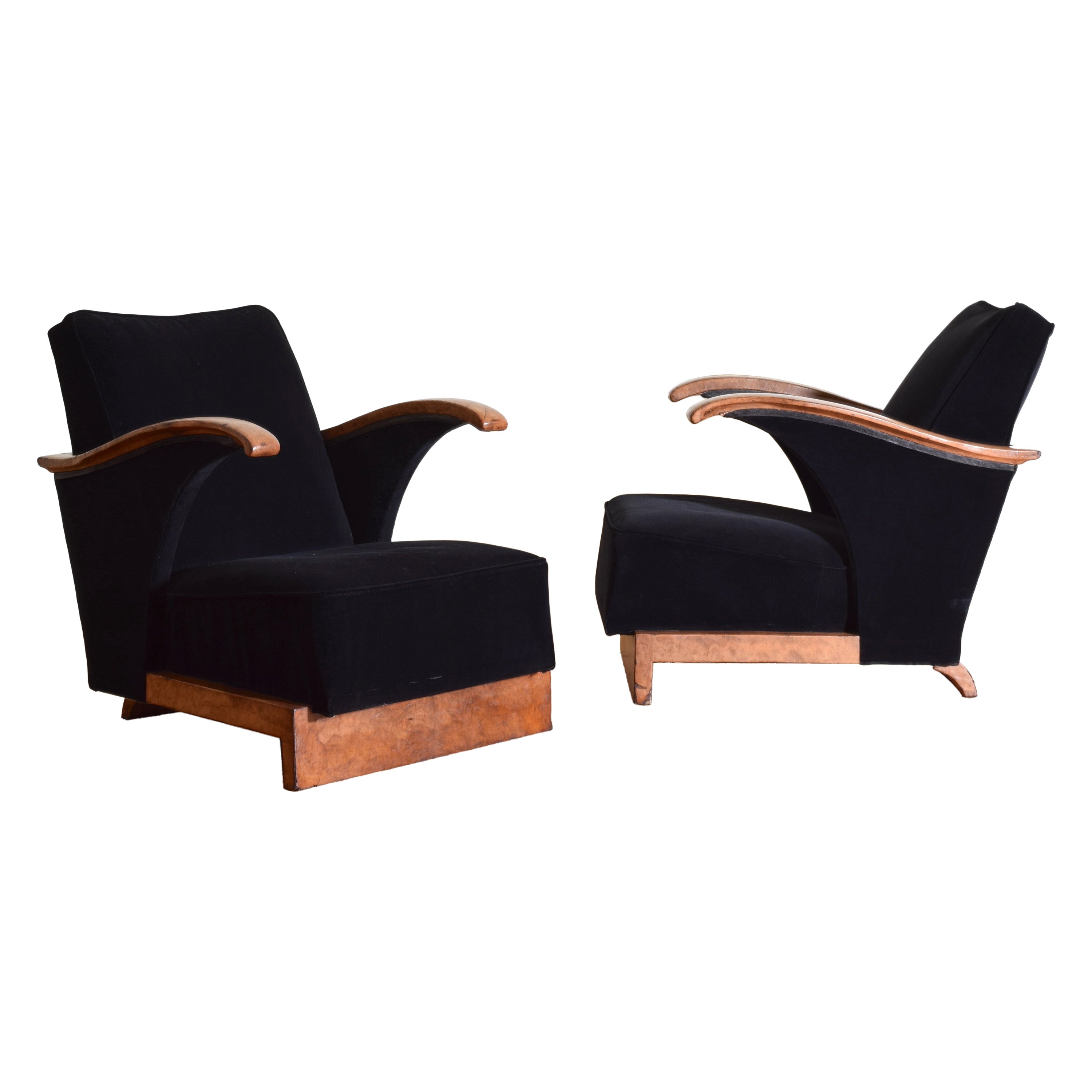 Pair Continental, 2nd Quarter 20th Cen. Leather & Velvet Upholstered Armchairs For Sale