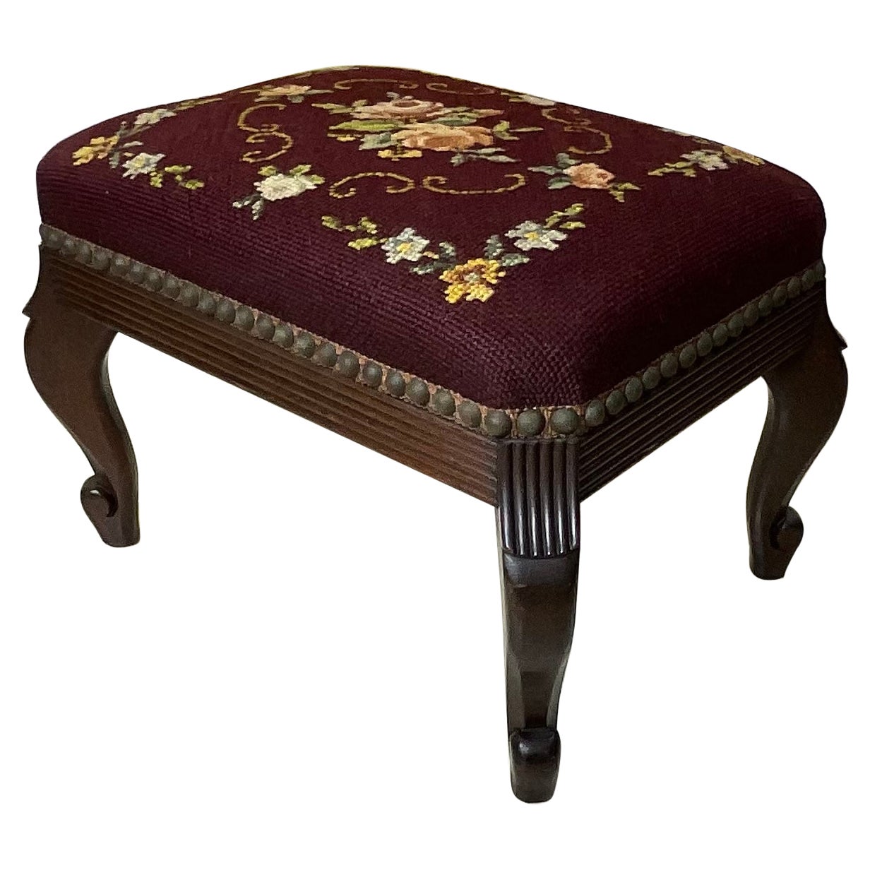 Antique Hand Carved Needlepoint Textile Upholstered Foot Stool For Sale