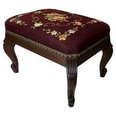 Used Hand Carved Needlepoint Textile Upholstered Foot Stool