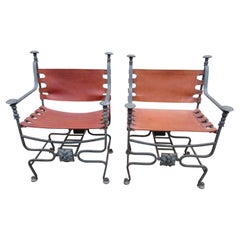 Pair Arte De Mexico Iron Leather Savonarola Dante or Curule Chairs