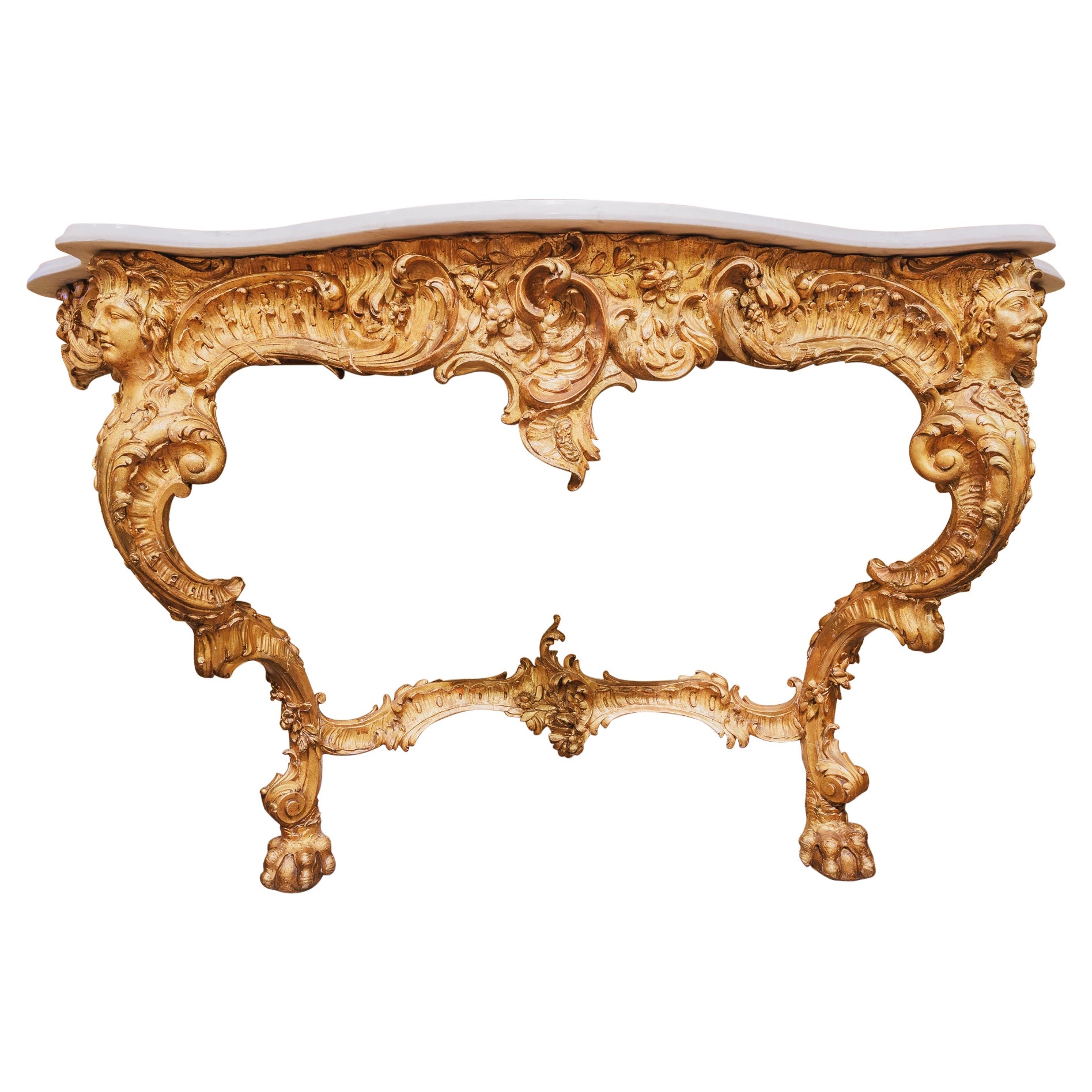 Fine Carved and Gilt 19th Century Italian Louis XV Marble Top Console For Sale