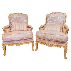 Fine Pair of Early 20th Century French Louis XV Gilt Carved Large Bergeres