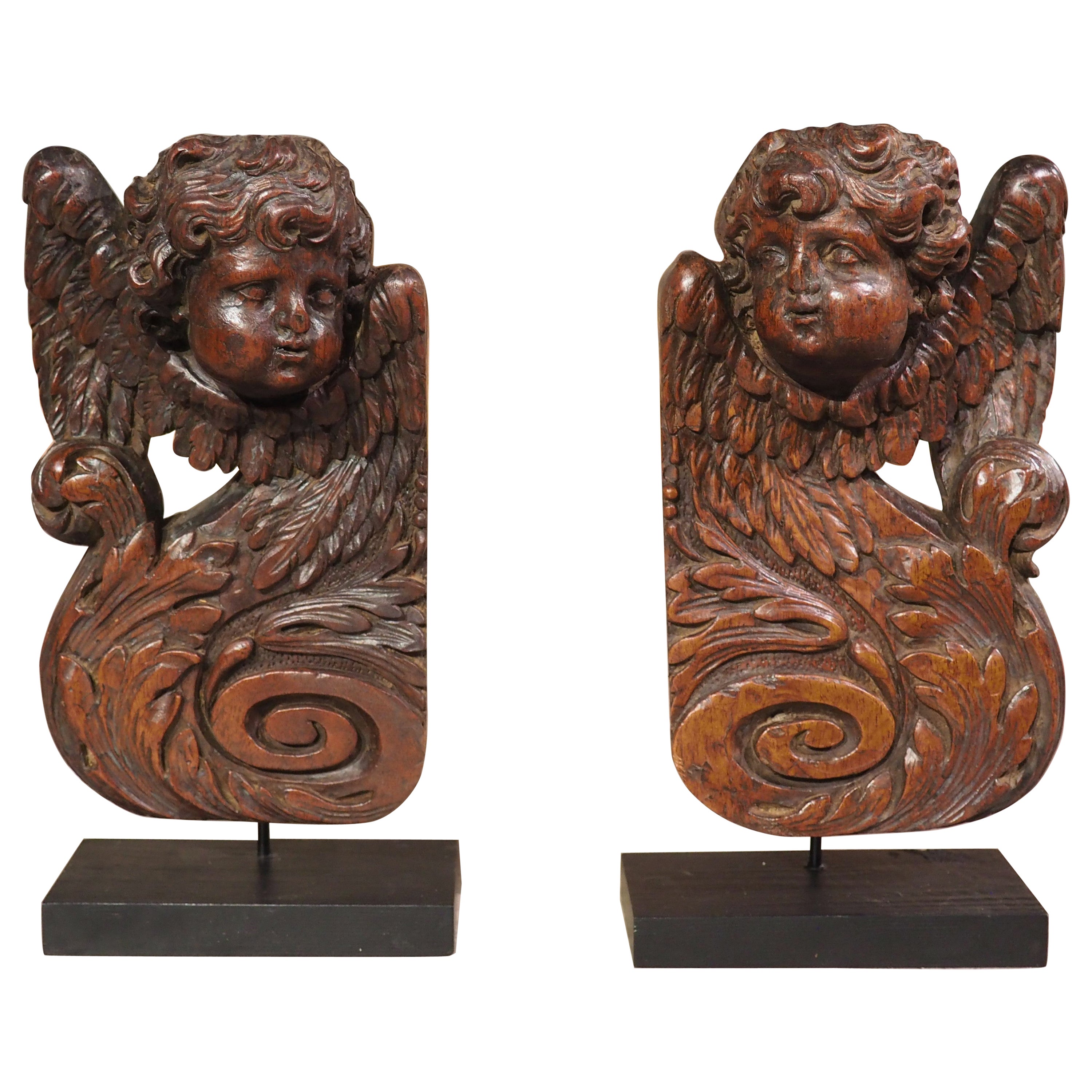 Pair of Small 17th Century Walnut Wood Angel Sculptures from France