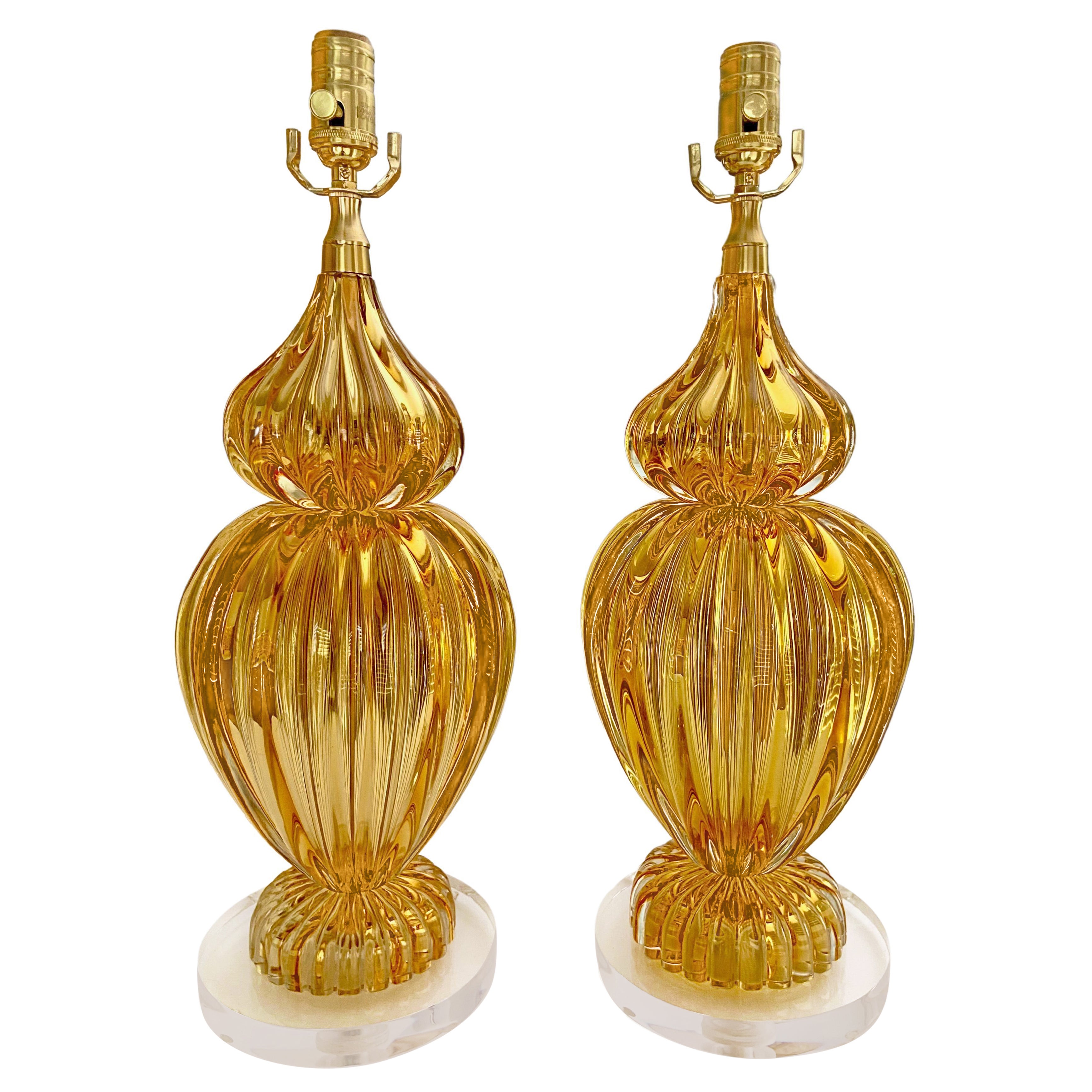 Pair Large Seguso Murano Golden Amber Table Lamps For Sale