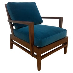 Vintage French René Gabriel Cherry Wood Slat Back Lounge Chair in Teal Mohair
