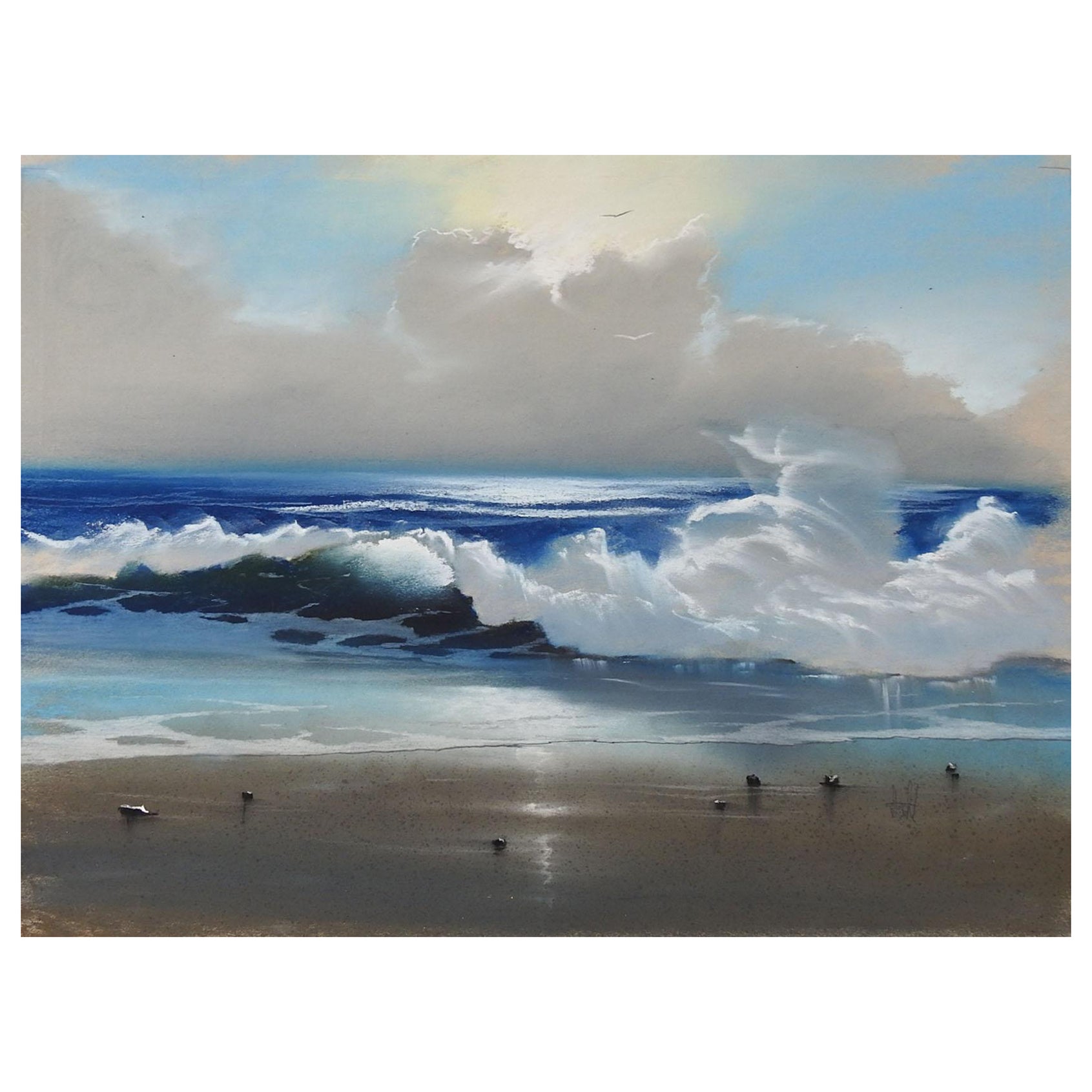 Peinture pastel vintage de paysage marin en vente