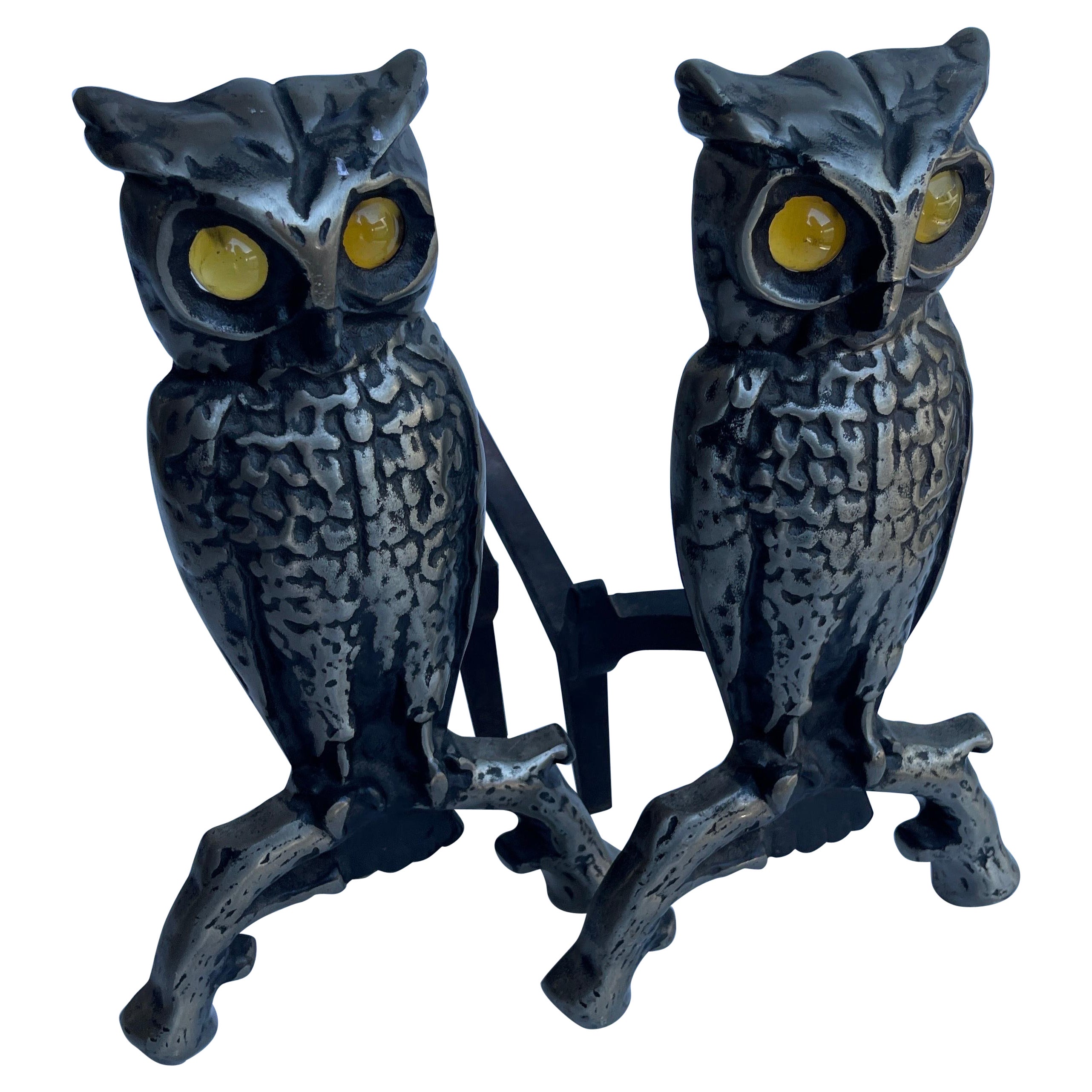 Pair of Cast Iron Owl Fireplace Andirons with Glass Eyes