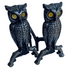 Antique Pair of Cast Iron Owl Fireplace Andirons with Glass Eyes