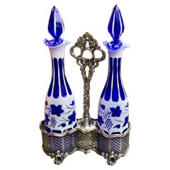Pair of Bohemian Glass White over Blue Decanters in Britannia Metal Holder