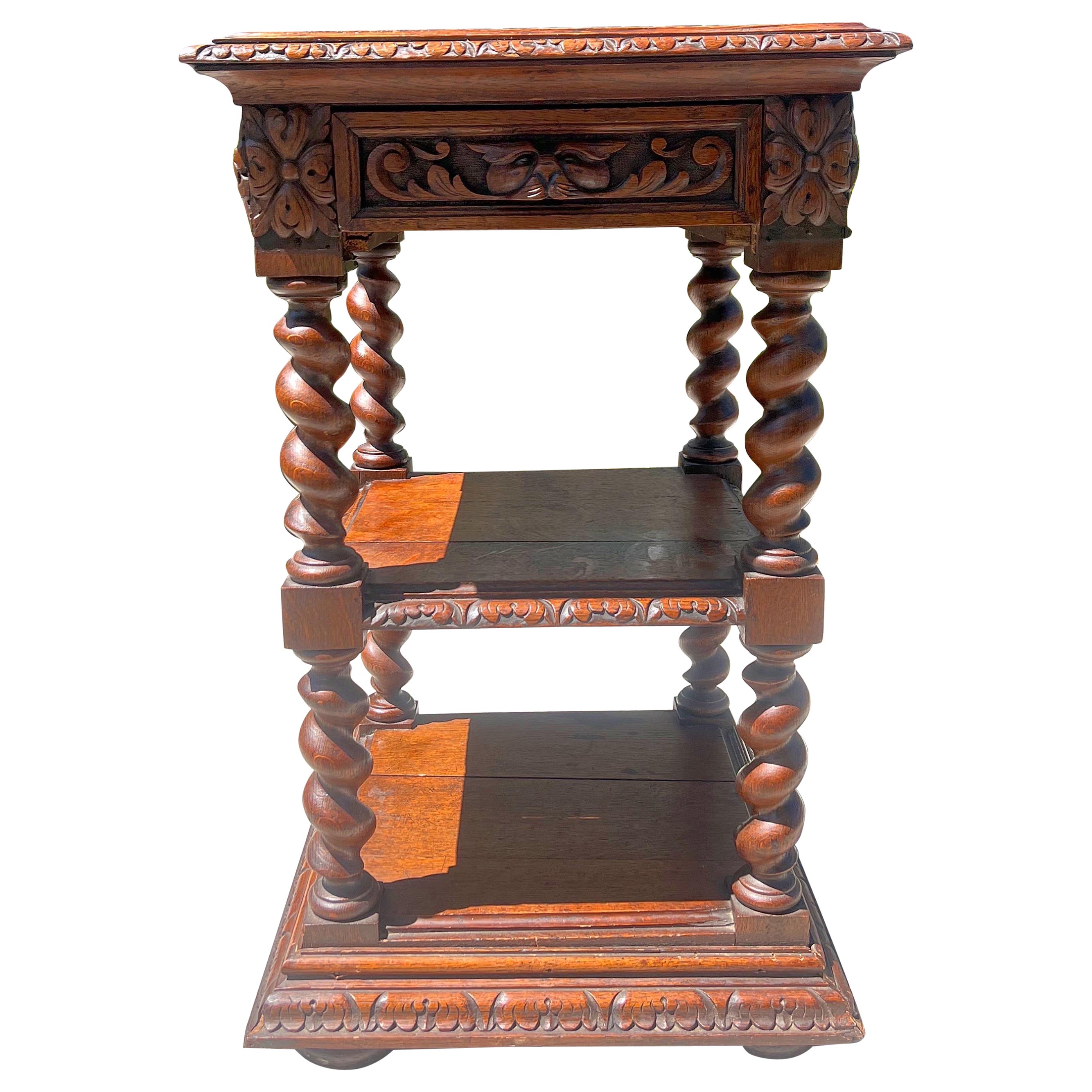 19th Century French Petite Server Barley Twist Display Louis XIII Carved Oak For Sale