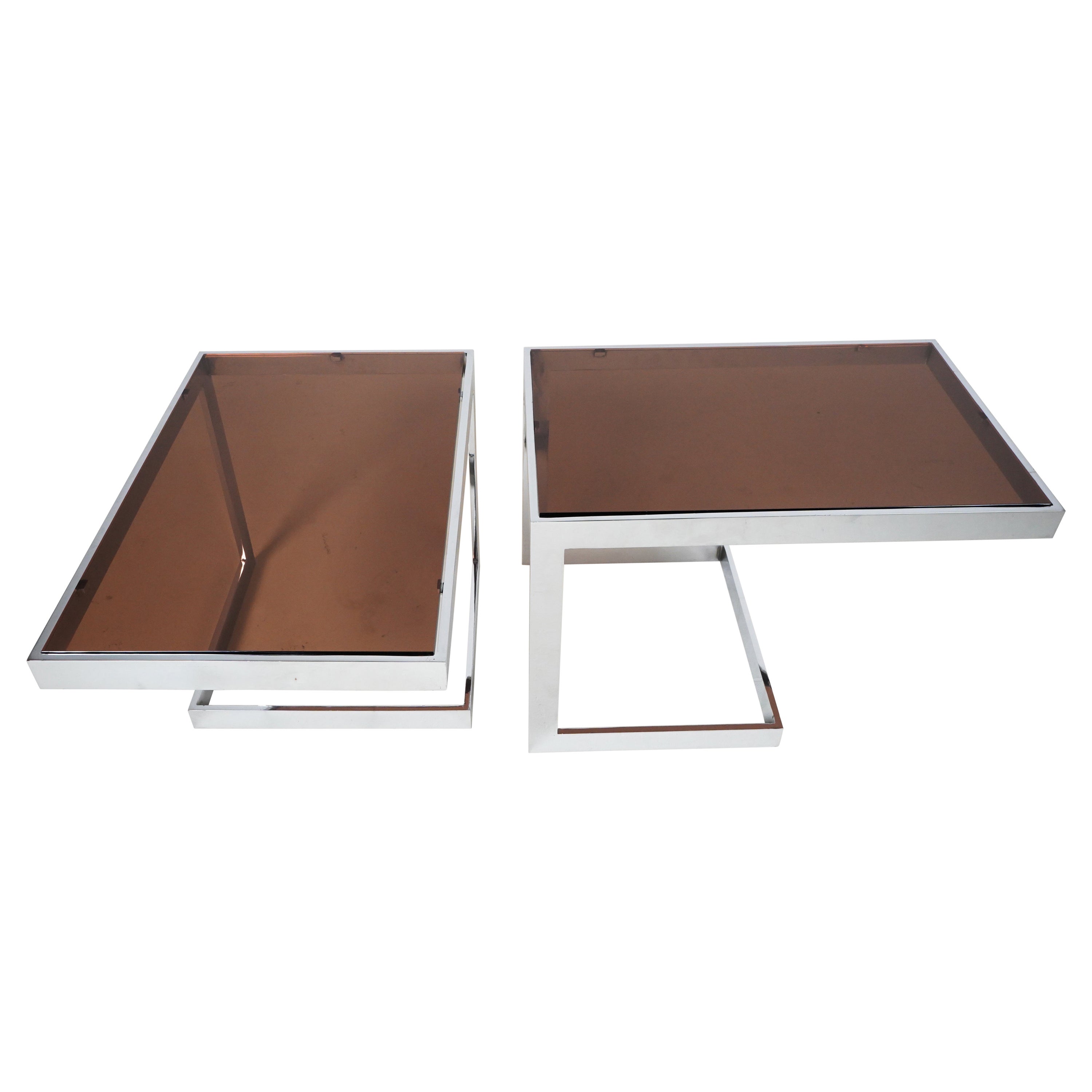 Pair of Side Tables with Chrome Frames and Smoked Plexi Glass For Sale