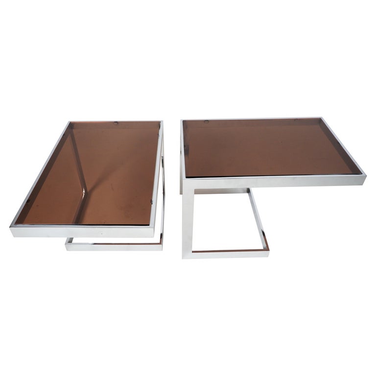 A Pair of Side Tables With Chrome Frames and Smoked Glass Tops For Sale
