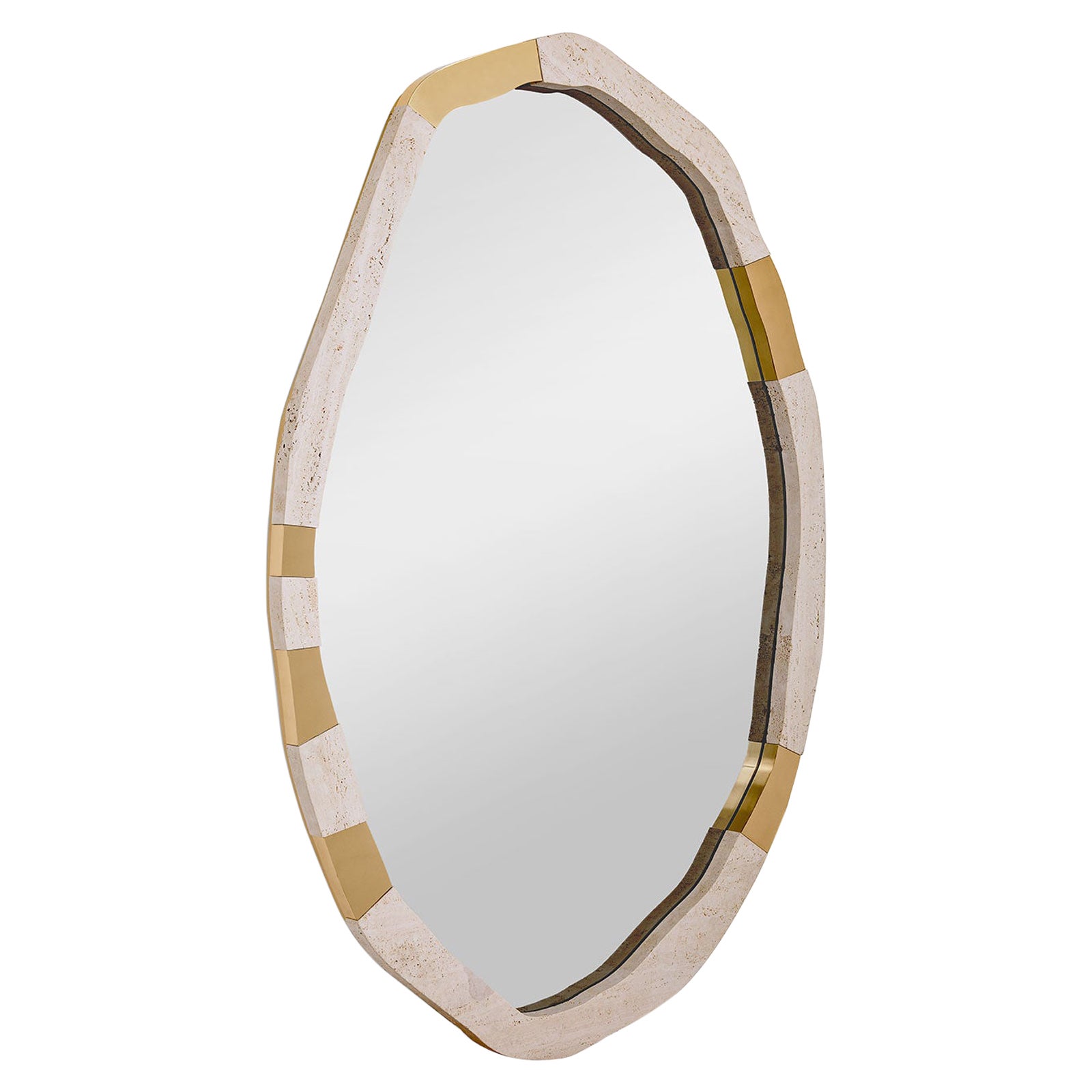 Wall Mirror With Travertine Stone Frame & Metal Detailing