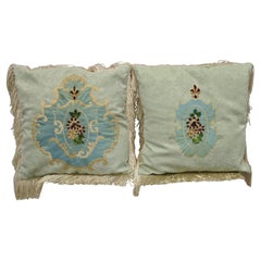 Vintage Green Silk Embroidered Victorian Style Pillow with Fringe, a Pair