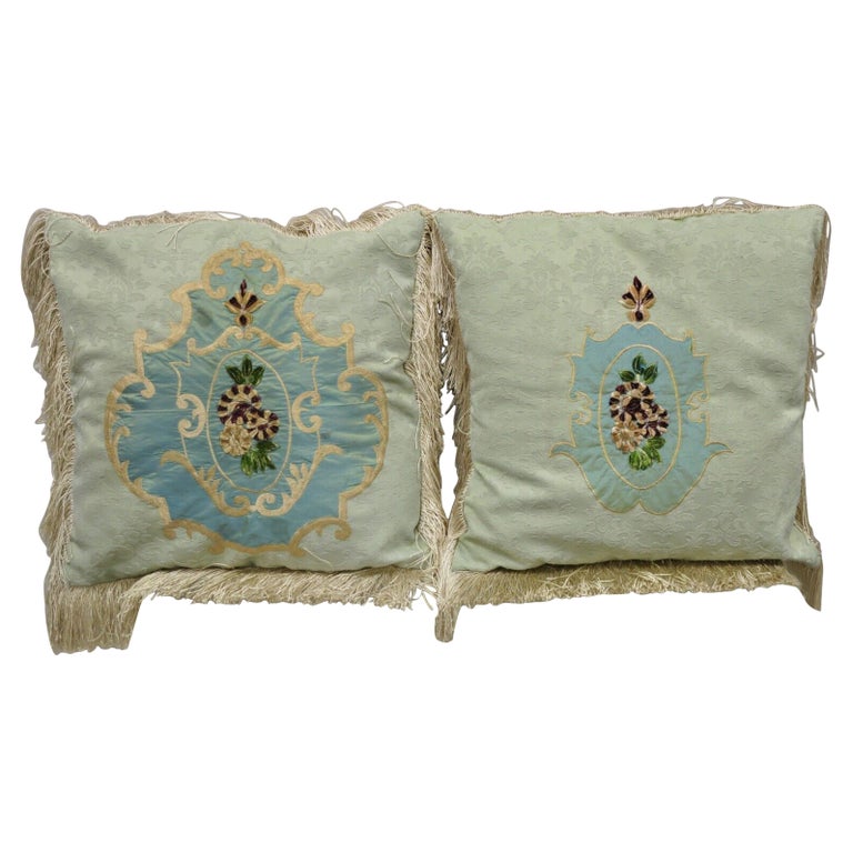 Vintage Green Silk Embroidered Victorian Style Pillow with Fringe, a