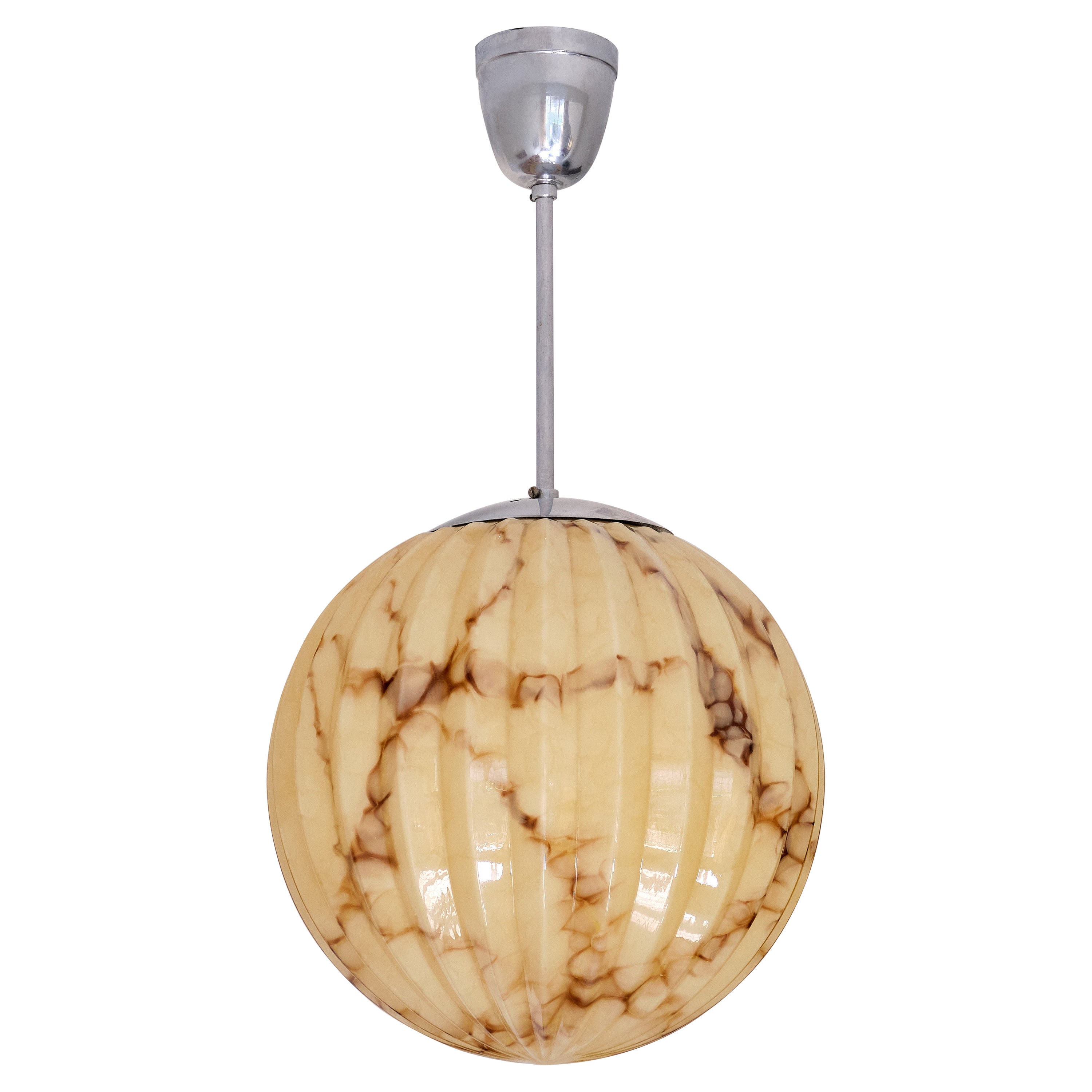 Swedish Art Deco Pendant Light in Ribbed, Marbled Glass and Nickel, 1930s