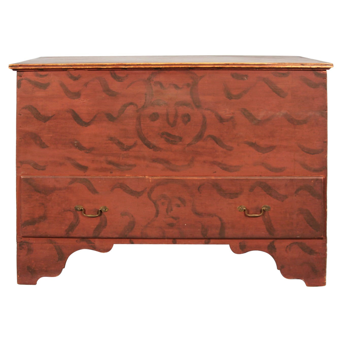 Queen Anne Period Blanket Chest with Two Whimsical Faces, ca 1740-1760 For Sale