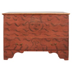 Antique Queen Anne Period Blanket Chest with Two Whimsical Faces, ca 1740-1760