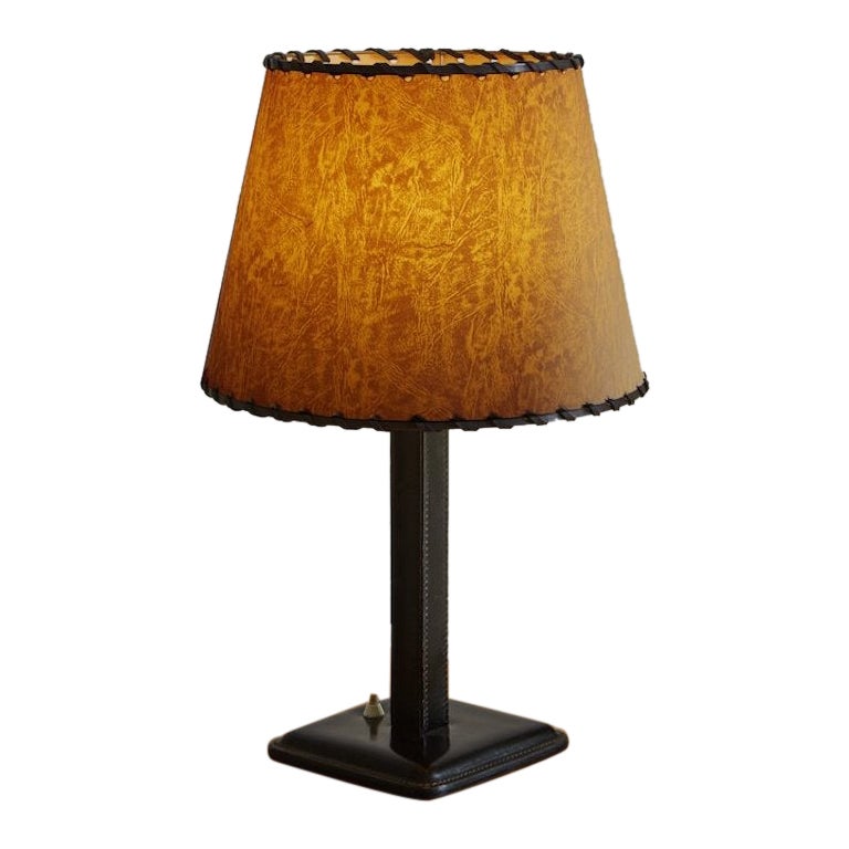 French Leather Table Lamp with Shade, 1940s