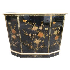 Marvelous Chinoiserie Black Lacquered Console Cabinet Hand-Painted Floral
