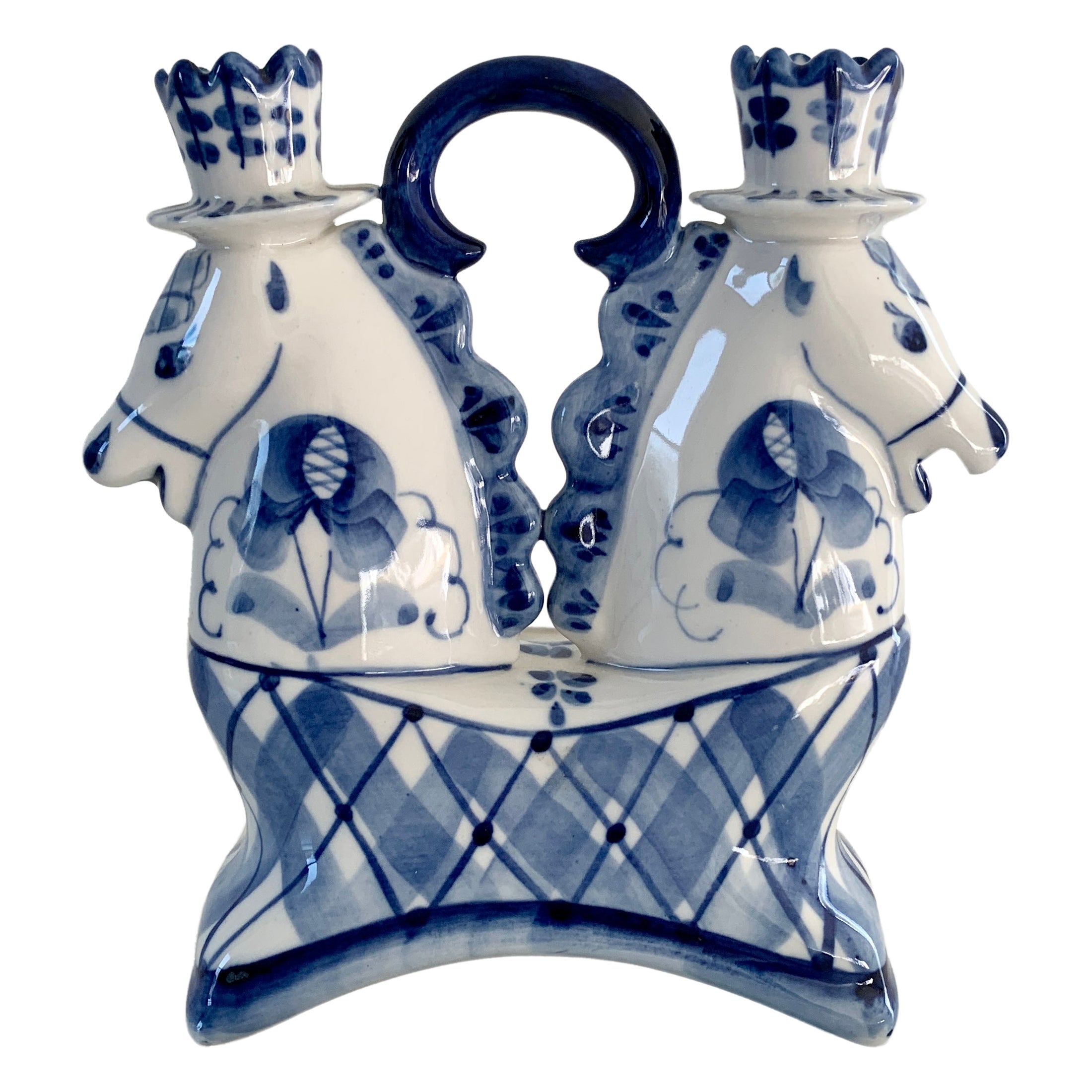 Russian Blue and White Porcelain Double Horse Candle Holder For Sale