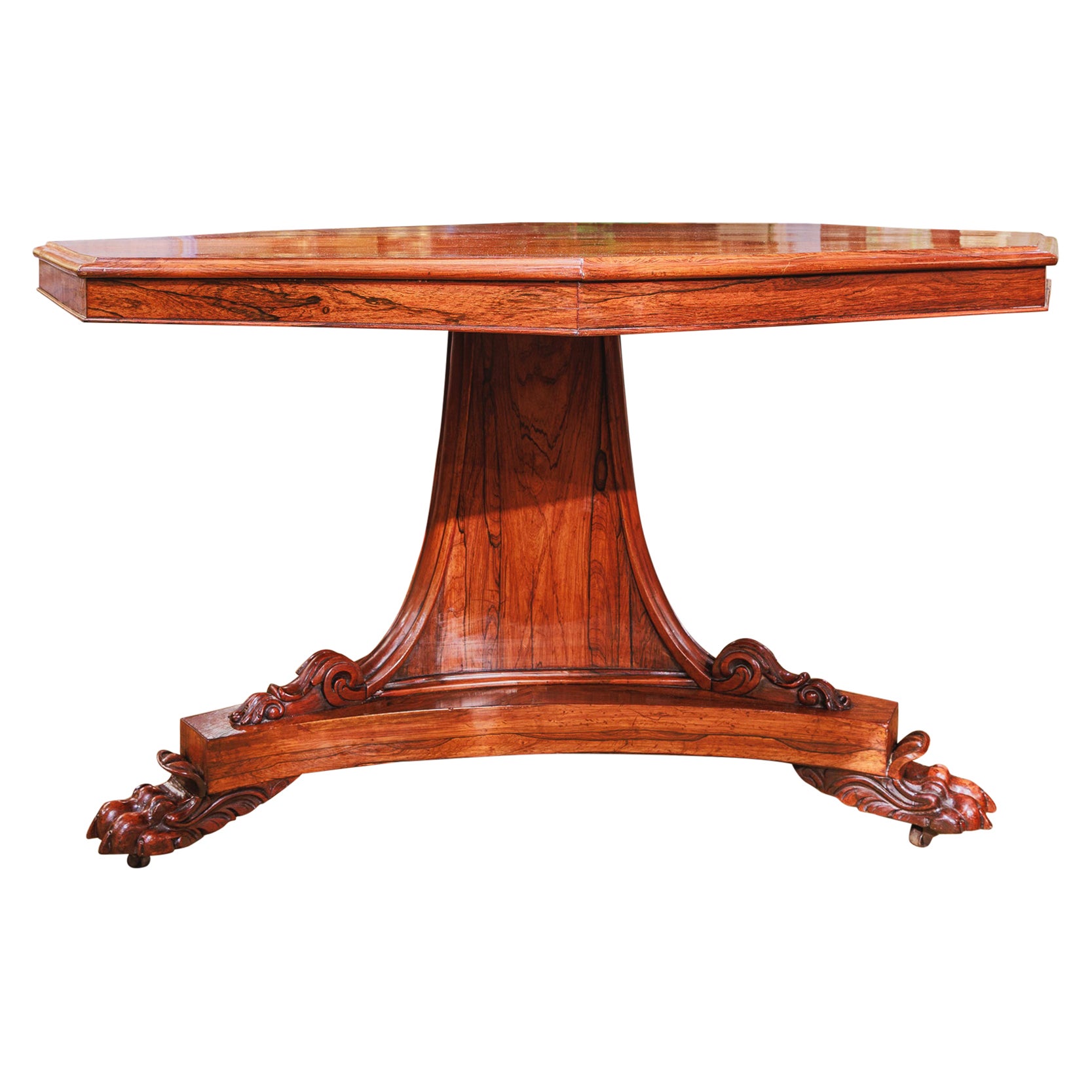 Fine Regency Period Octagonal Rosewood Center Table with a Pawed Foot Pedestal For Sale