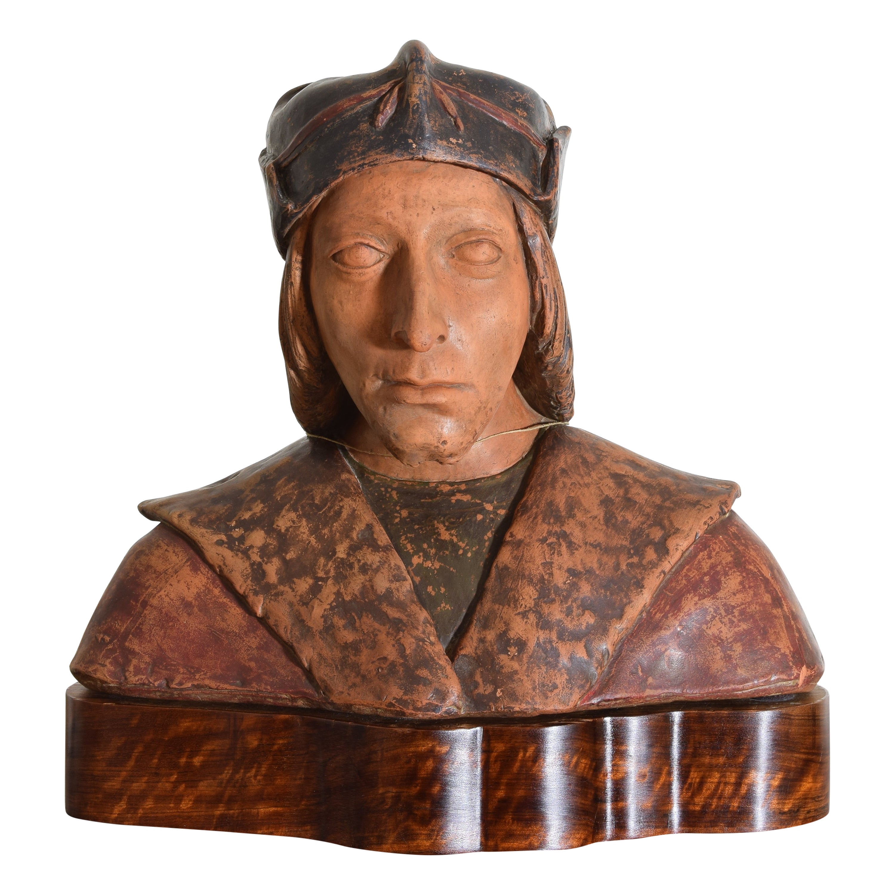 Italian Terra Cotta Bust of Dante Alighieri on Wooden Stand, Early 20th Century For Sale