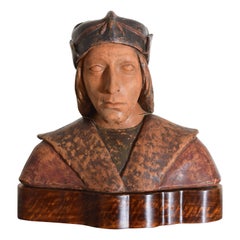 Antique Italian Terra Cotta Bust of Dante Alighieri on Wooden Stand, Early 20th Century