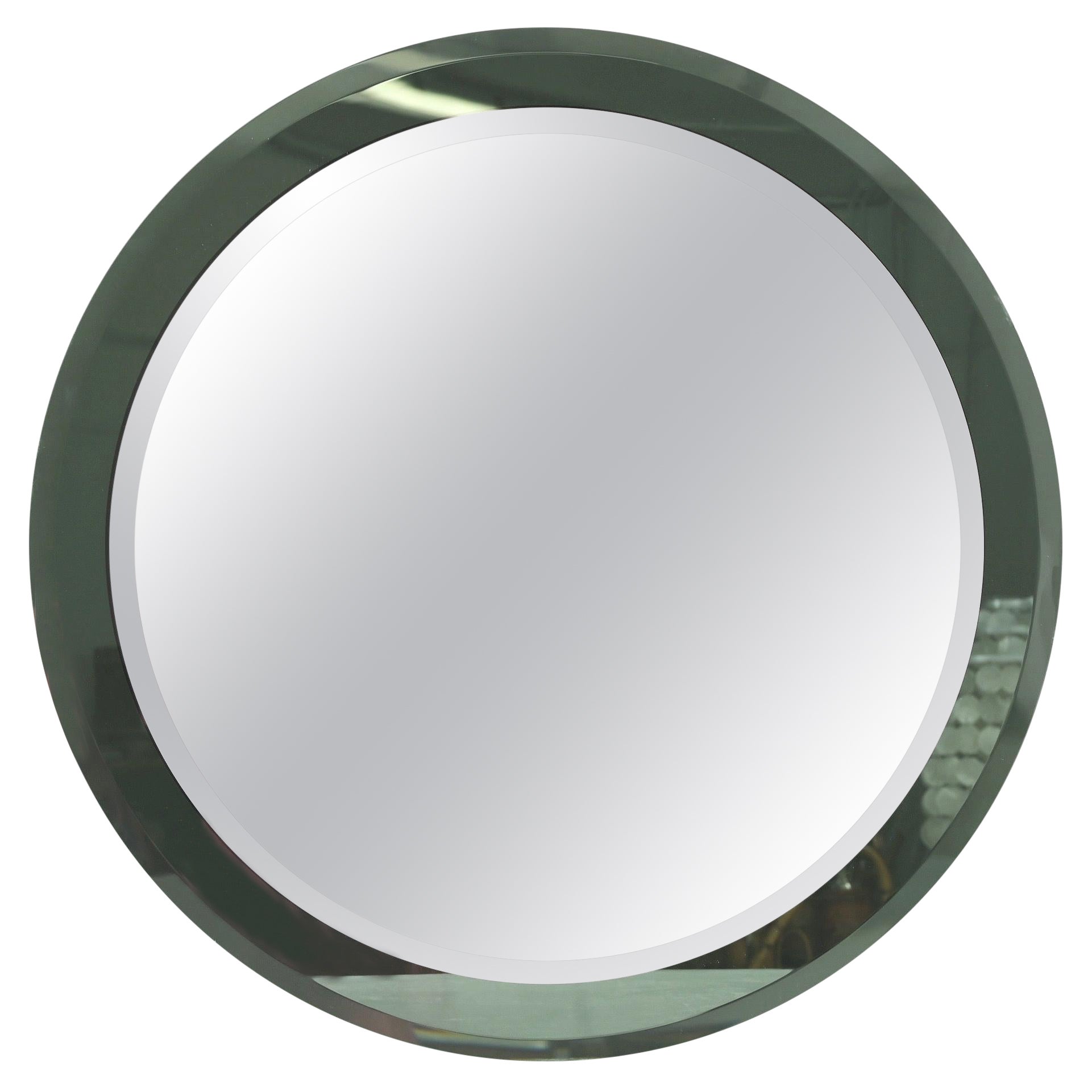 Mid-Century Olive Green Double Beveled Round Mirror, by Metalvetro, Italy, 1970s For Sale