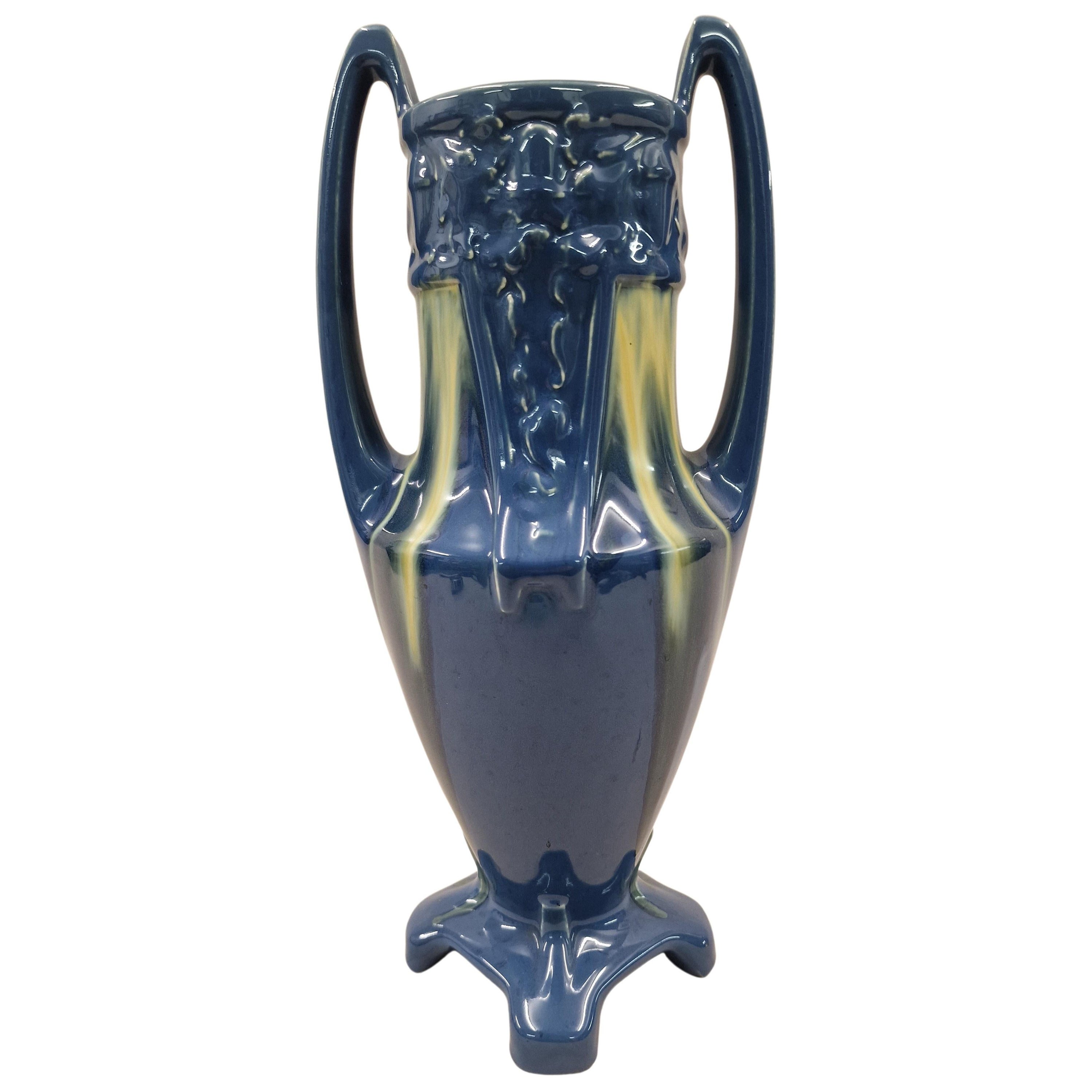 Vase à fleurs, Art déco ancien, glaçure bleue et jaune, céramique, ~ 1915, France