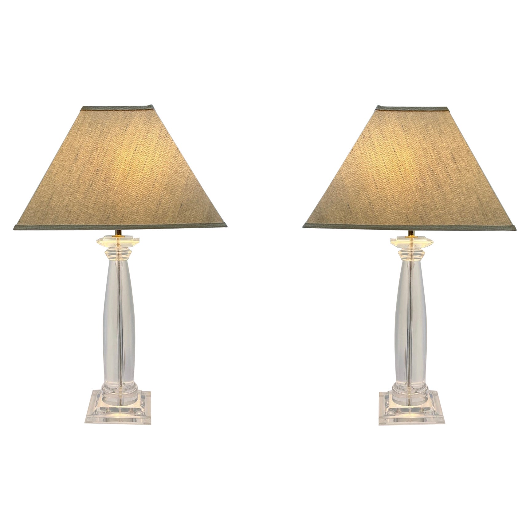 Pair of Lucite and Brass Greek Column Table Lamps by Karl Springer For Sale