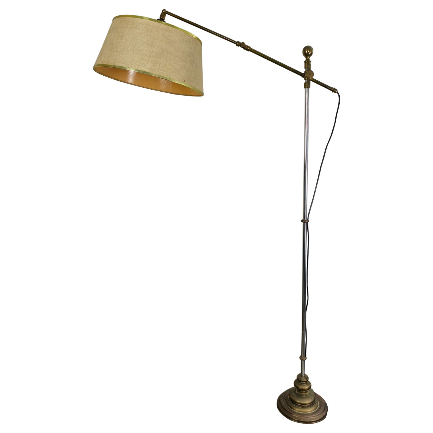 Midcentury Floor Lamp Brass Chromed Metal Fabric Adjustable Italian Design 1950s For Sale