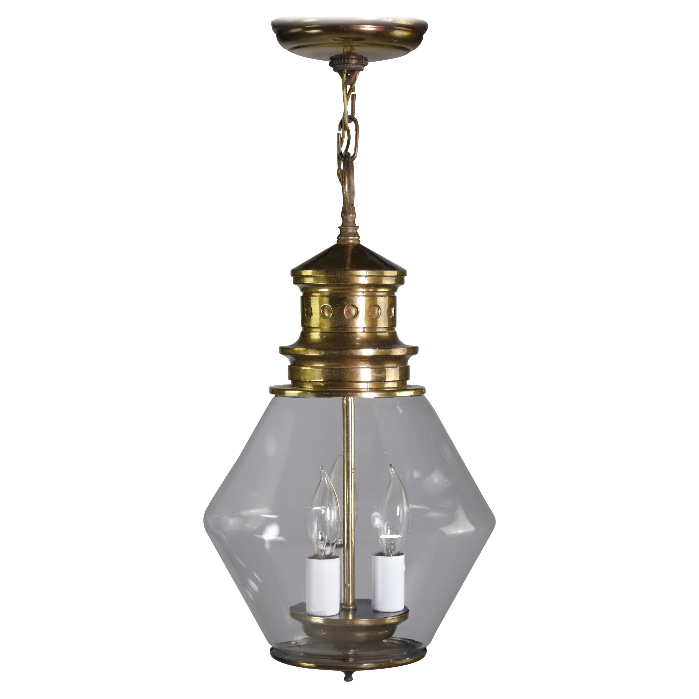 1930s Railroad Brass Lantern Pendant Light 3 Candelabra Sockets For Sale