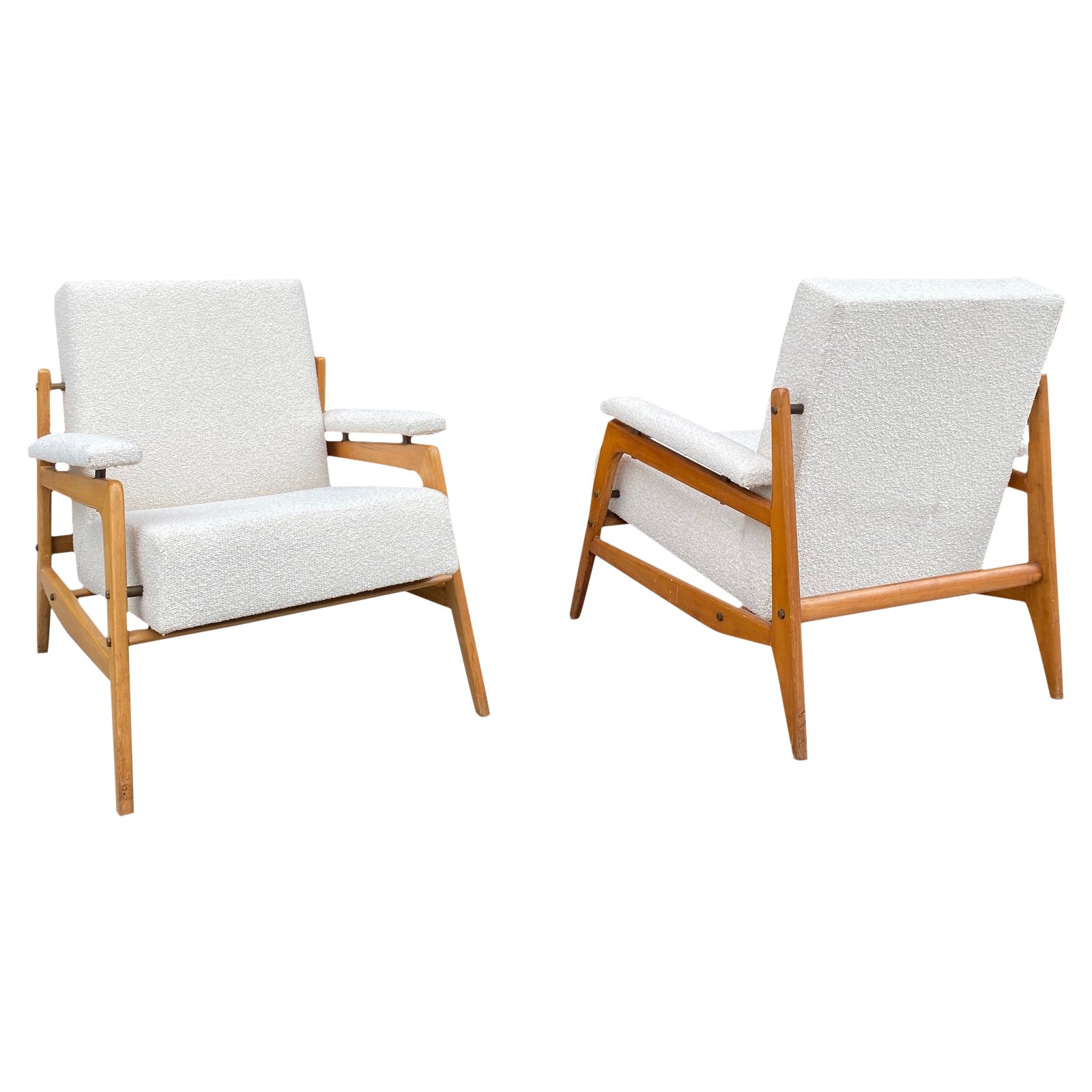 Open Frame Solid Beech with Bouclé Armchairs, Italy, 1950's For Sale