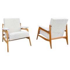 Vintage Open Frame Solid Beech with Bouclé Armchairs, Italy, 1950's