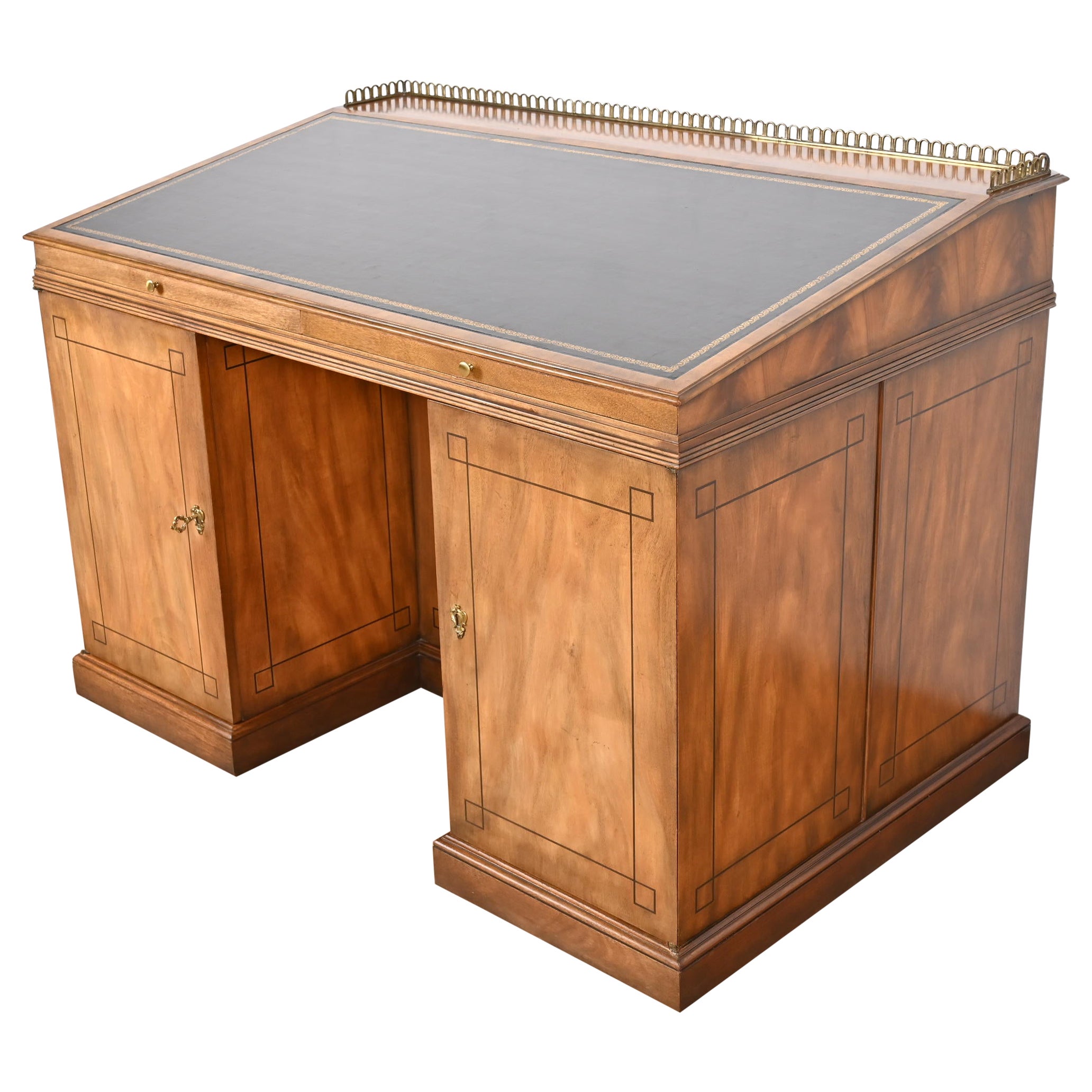 Baker Furniture Georgian Flame Mahogany Leather Top Slant Front Architect's Desk For Sale