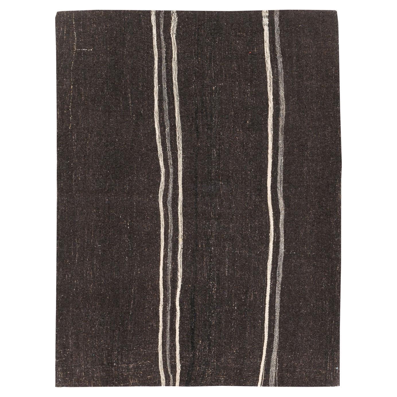 Mid-20th Century Handmade Turkish Flatweave Kilim Throw Rug In Brown-Black For Sale
