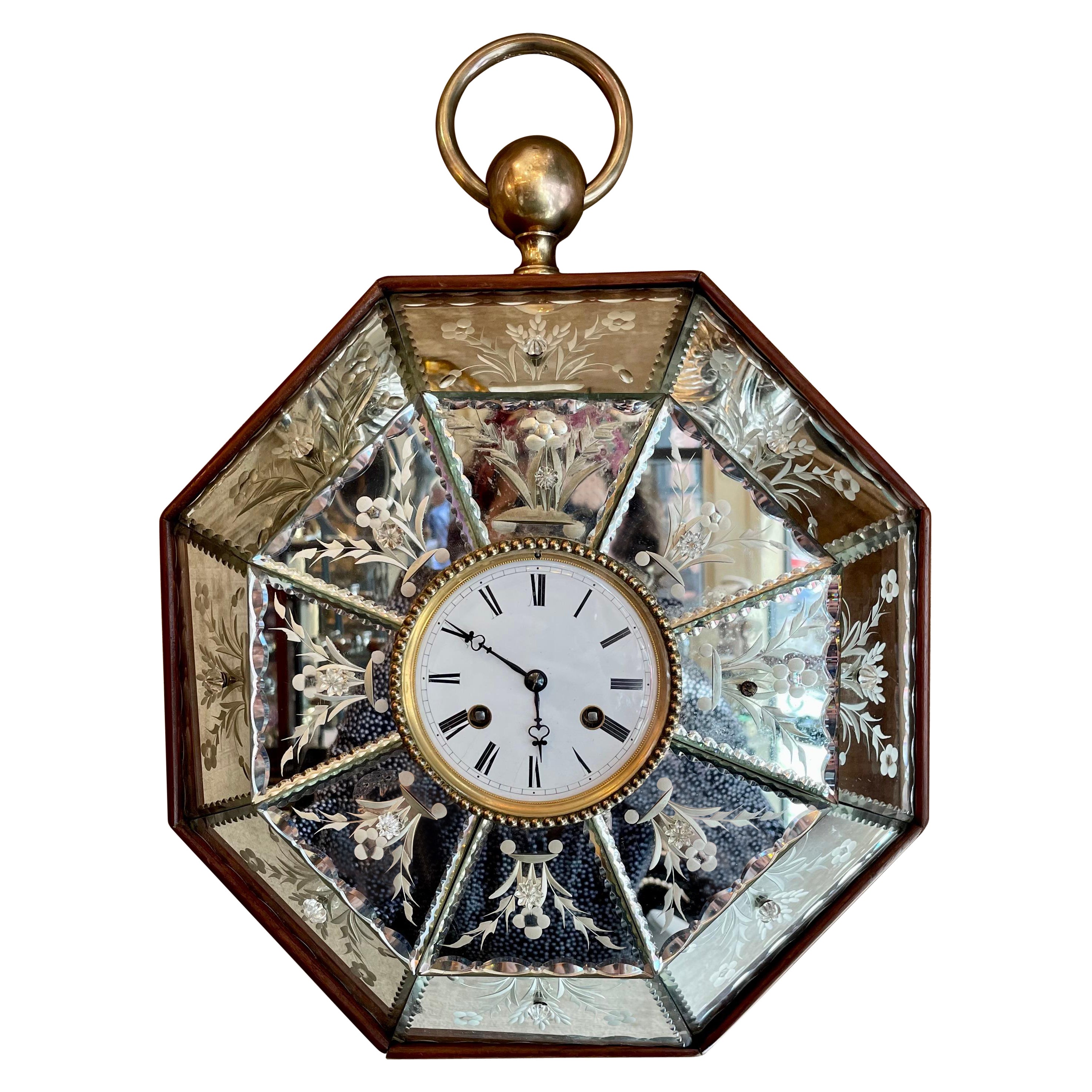 Antique Mirrored & Diamond-Etched Wall Clock, circa 1900-1910 For Sale
