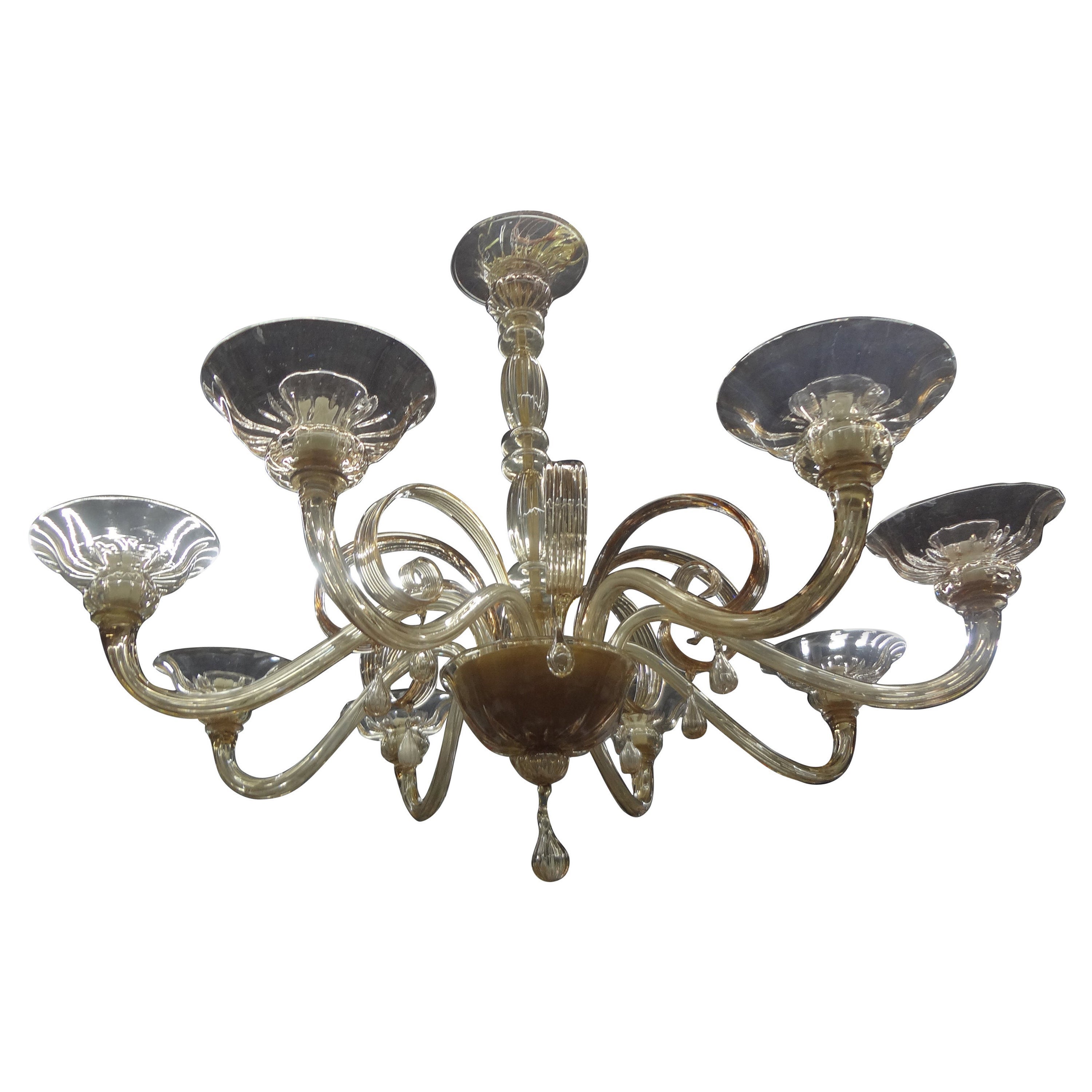 Large Murano Chandelier in Gold Glass Attributed to Venini For Sale