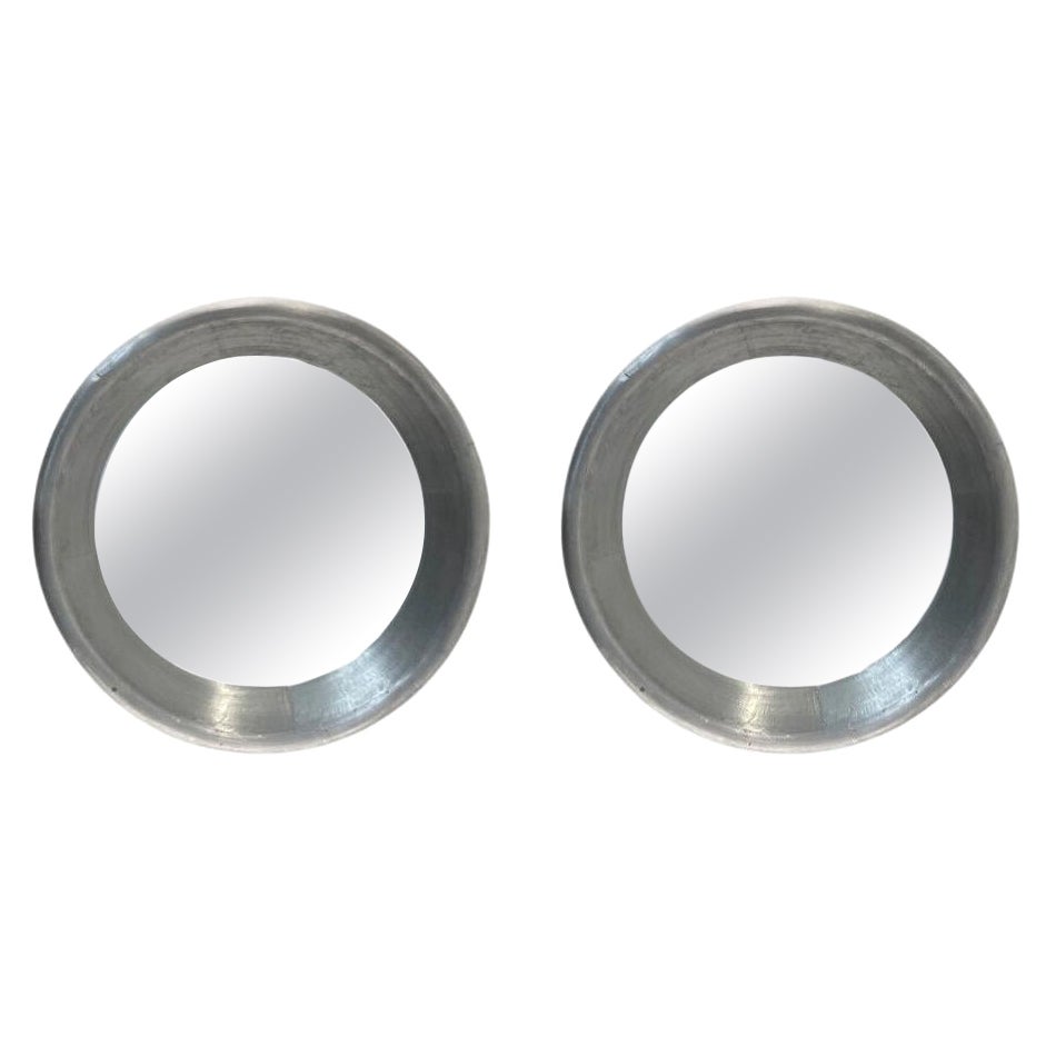 21st Century Silver French Pair of Aluminum Wall Glass L'oeil De Boeuf Mirrors For Sale