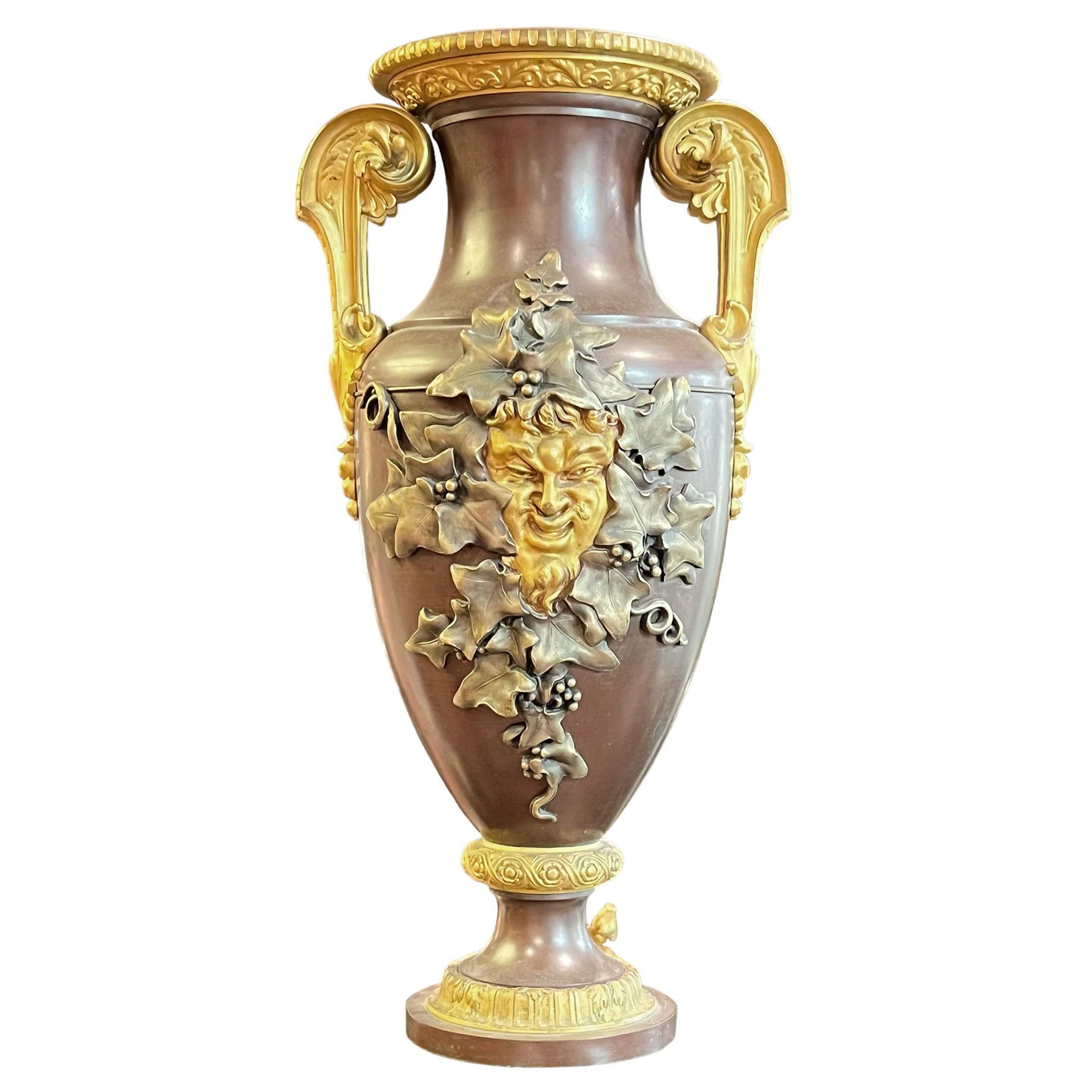 Bacchanalian Patinated and Gilt Bronze Vase For Sale
