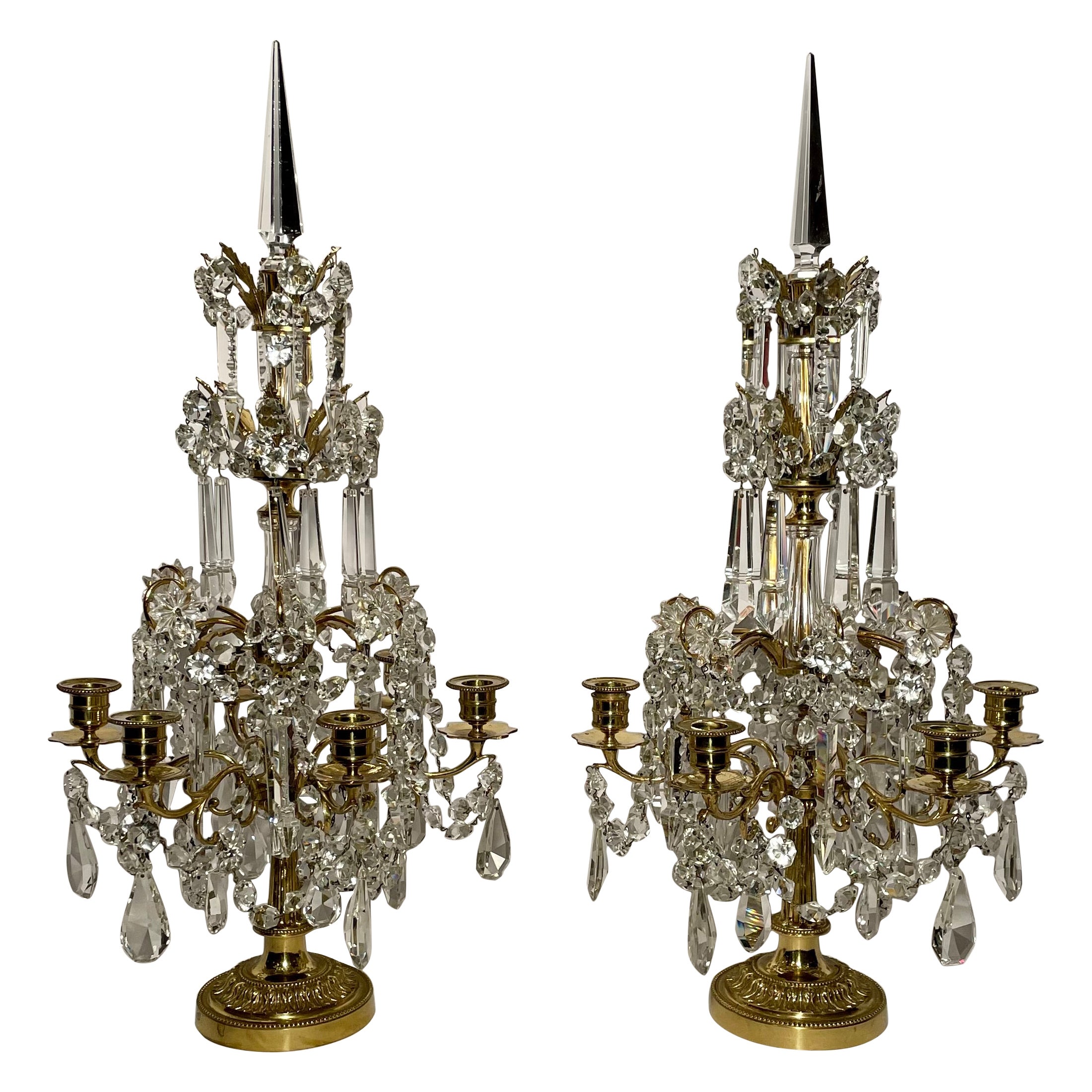 Paar antike französische Girondolles aus Kristall und Bronze im Angebot